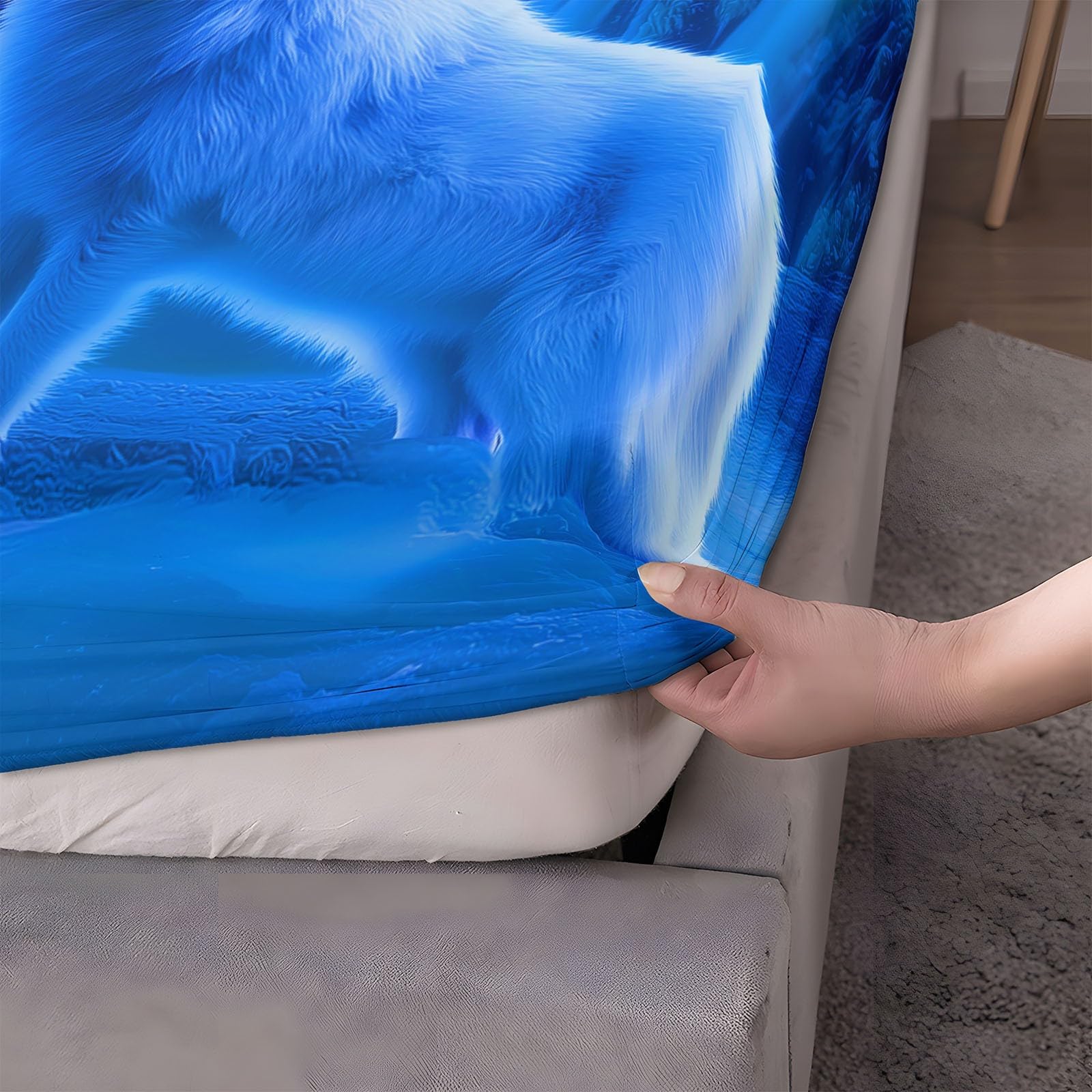 Lenzuola Matrimoniali Fantasia Animali Lupo, Blu Set Lenzuola con Angoli in Microfibra con Angolo Fino a 30 cm con 2 Federe, Set completo da letto per Bambini e Adulti, 150 x 200 cm