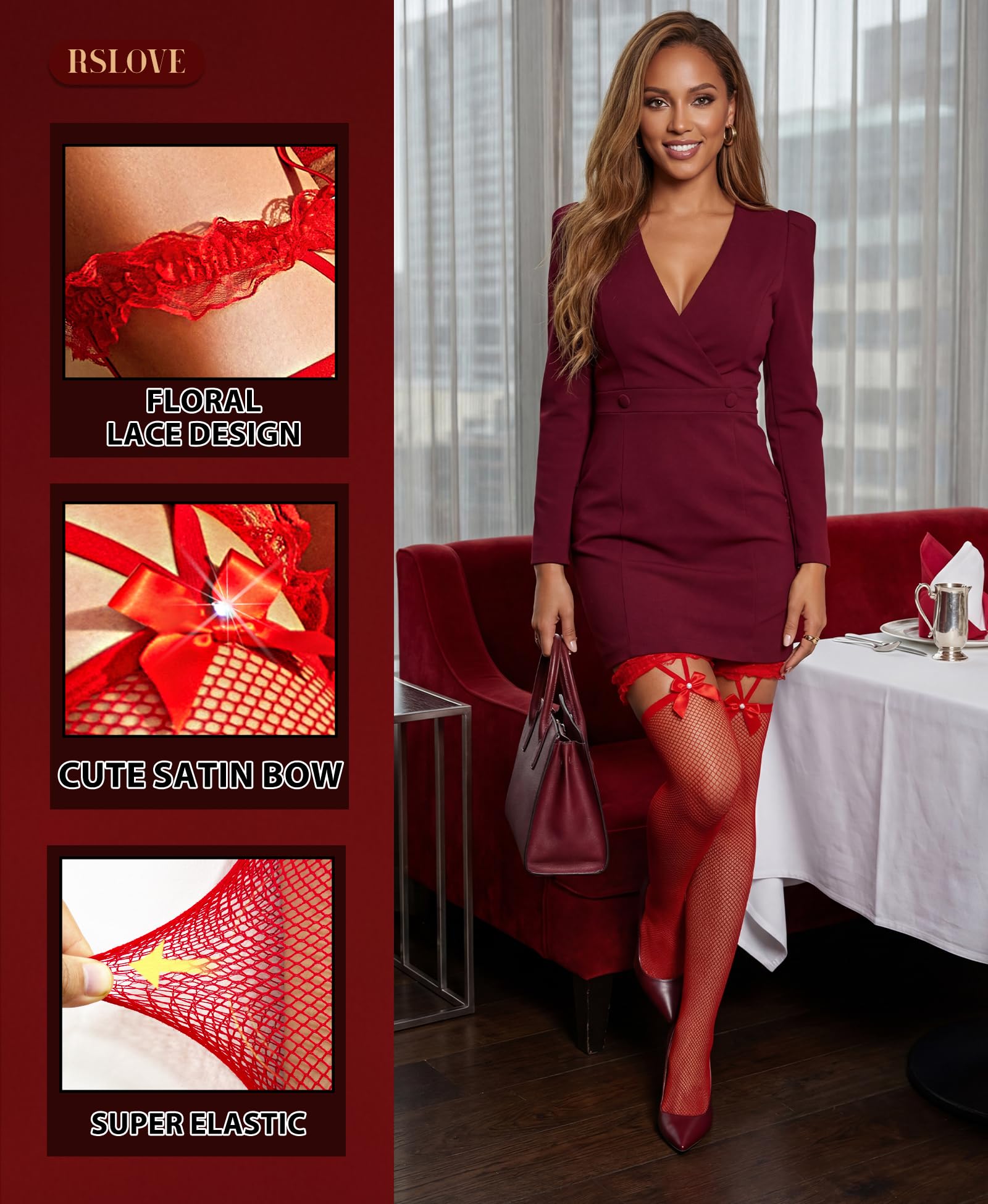 RSLOVE Women Fishnet Stockings Sexy Thigh High Pantyhose Women Tight Hosiery: One Size Red