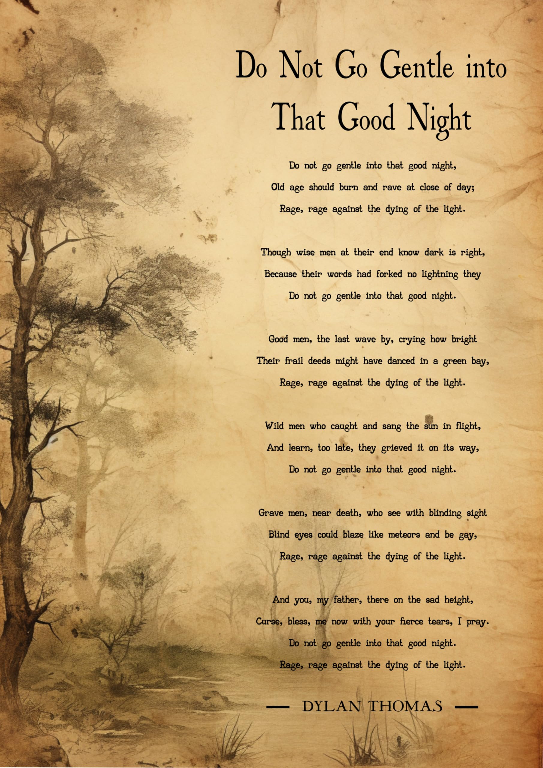 Dylan Thomas 'Do Not Go Gentle into That Good Night' Poetry Art Print, Vintage Style Wall Decor, A4 Size