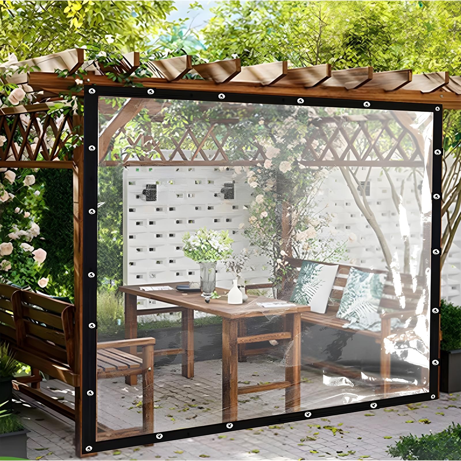 Przezroczysta wodoodporna plandeka – odporne na warunki atmosferyczne i wiatroszczelne panele boczne do zadaszenia zewnętrznego, pawilonu balkonowego, 300 x 350 cm, wytrzymała ochrona