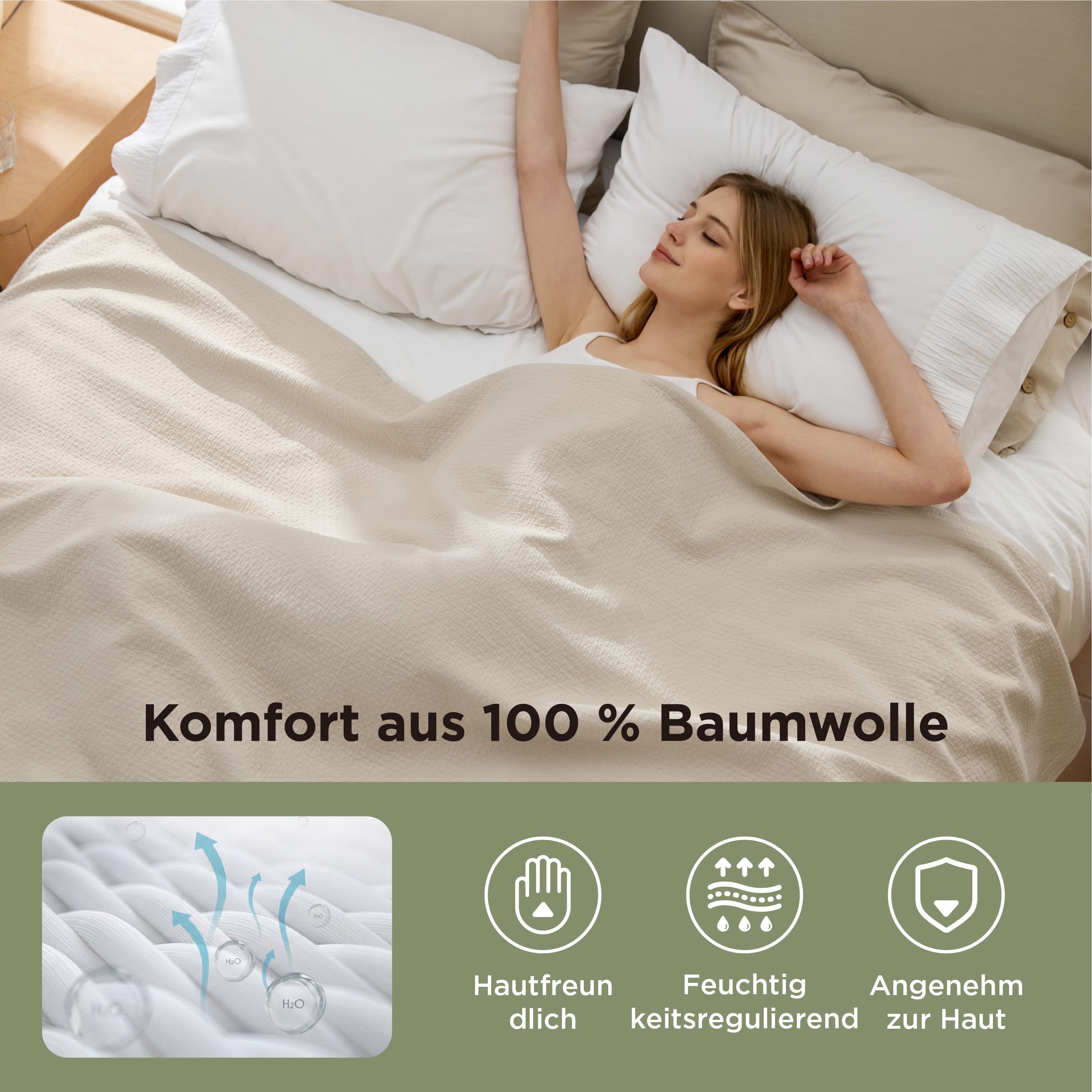 BEDSURE Tagesdecke 100% Baumwolle Kuscheldecke mit Rautenmuster Beige 180x240cm