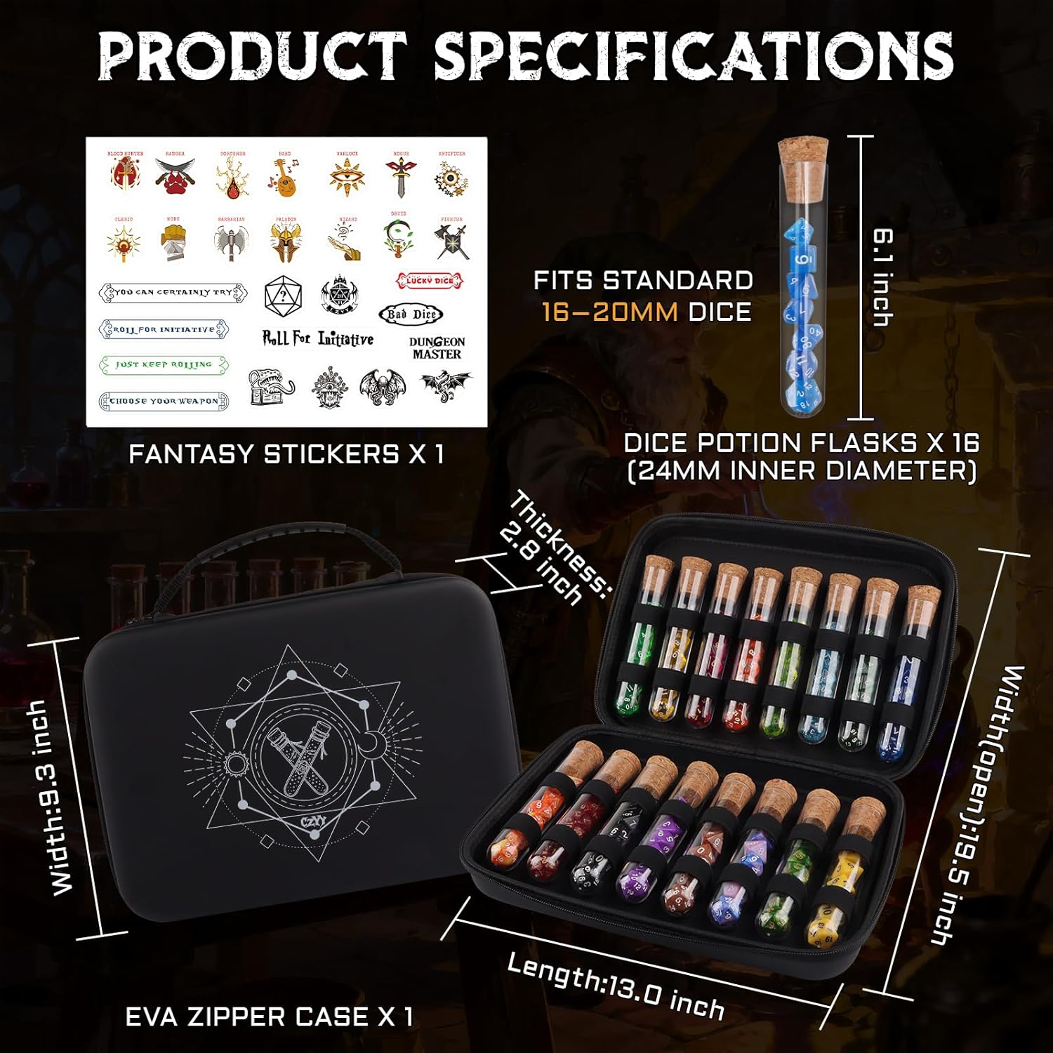 CZYY Dice Alchemy Case – EVA Zipper Organizer with 16 Potion Flasks & Fantasy Stickers for RPG Dice Storage & Display – Portable Dice Goblin Gift for DND, Pathfinder, TTRPGs (EVA Organizer)