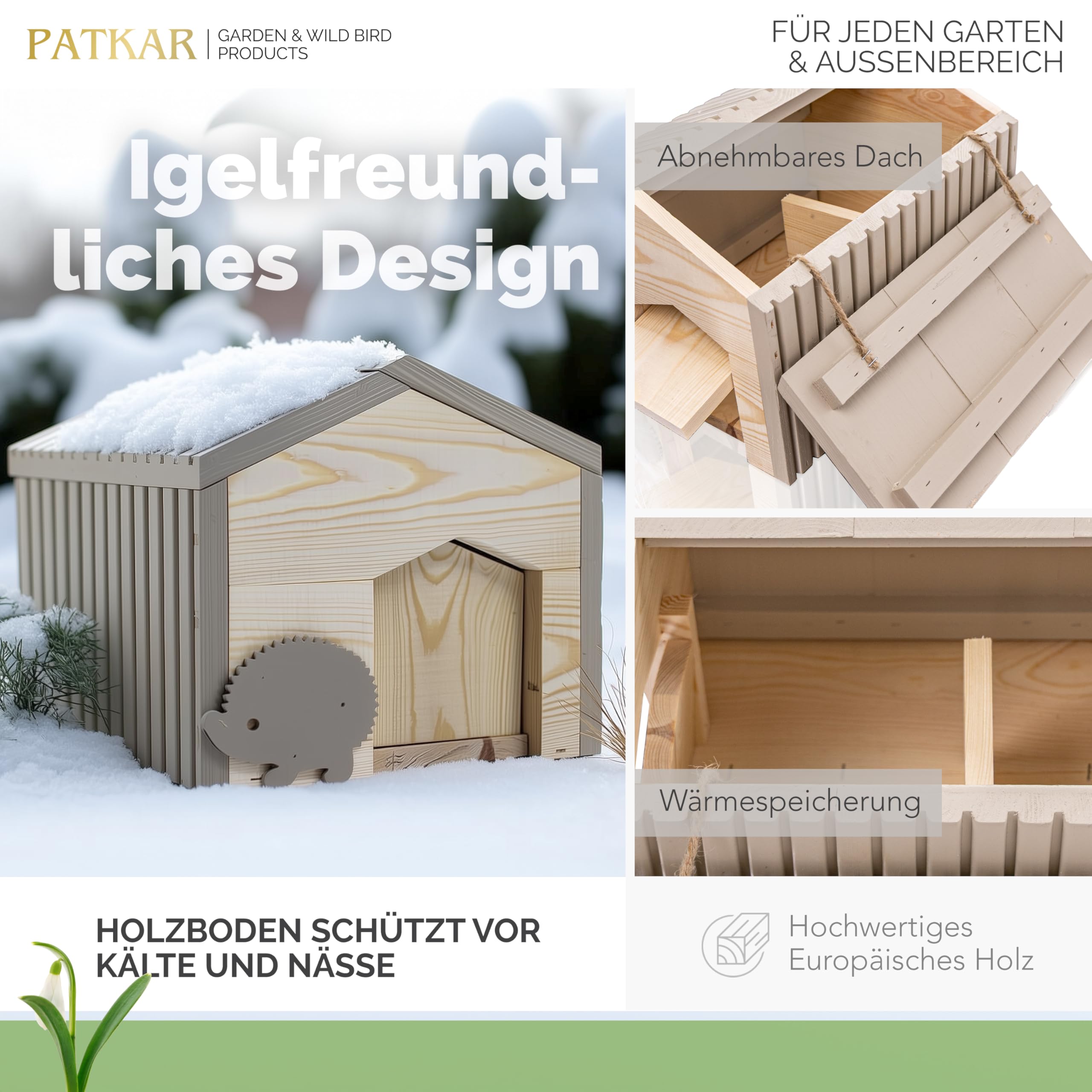 PATKAR Igelhaus Winterfest mit Boden Premium Igelfutterhaus Made in Europe Igel Schlafhaus Igel Futterhaus Igelhotel