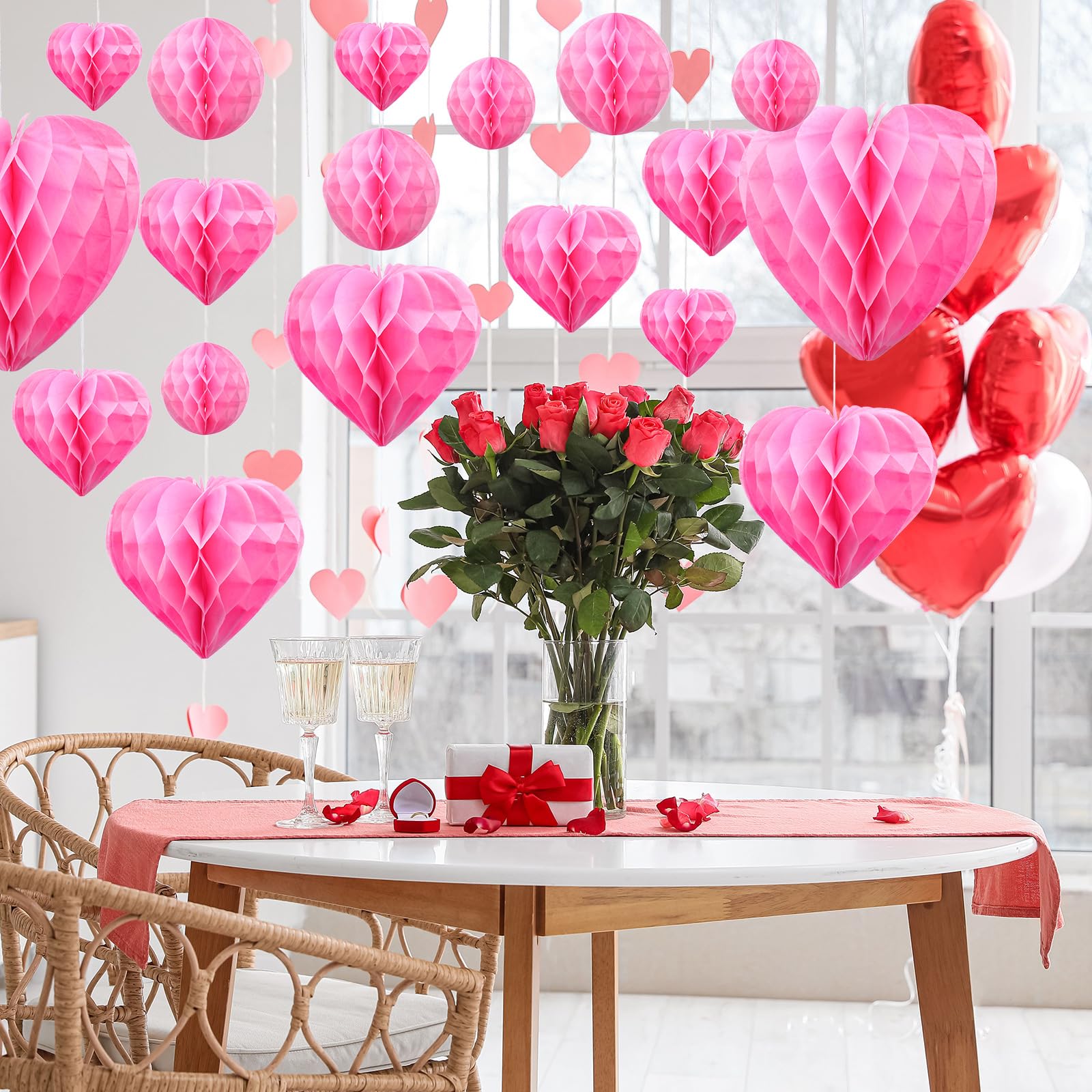 Yexiya Wabenbälle zum Valentinstag, Papier-Pompons, Wabenbälle, Dekorationen, Herzen, Dekorationen, Herzen, Seidenpapier für Verlobung, Hochzeit, Brautschmuck, Geburtstag, Rosa, 36 Stück
