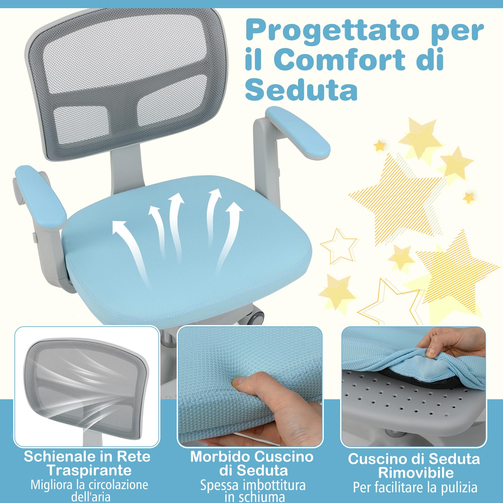 COSTWAY Sedia da Scrivania Bambini Girevole, Altezza Regolabile, Sedia da Studio per Ragazzi con Braccioli a Ribalta e Poggiapiedi, Poltrocina in Rete per Bambini 3-15 Anni, Portata 150 kg (Blu)