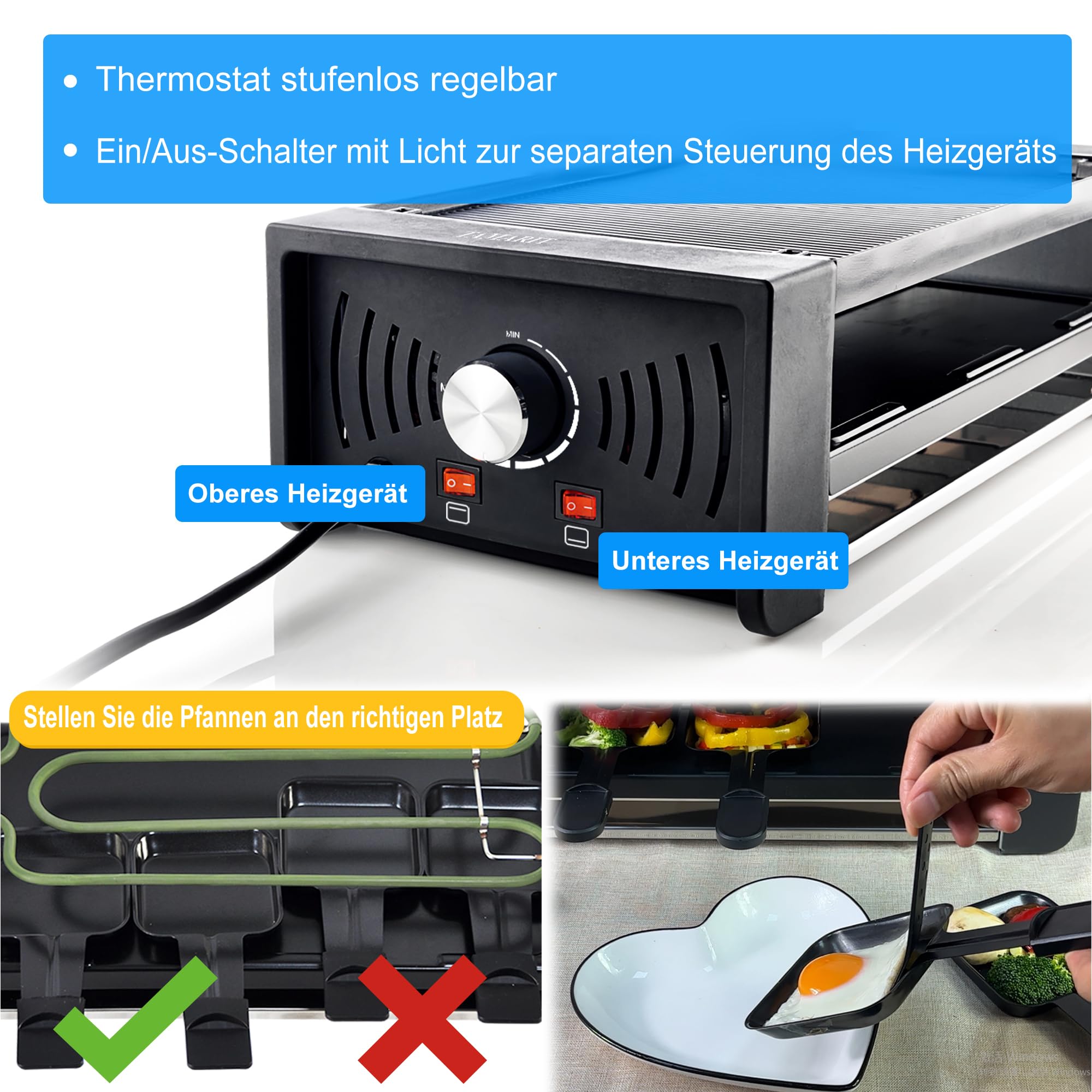 TAMARIT Raclette-Grill 3-in-1, mit Pizza-Funktion, 1500W, für 8 Personen | Elektrischer Tischgrill, Doppelheizung, BPA-freie Antihaftbeschichtung, Temperaturregler, 1500W