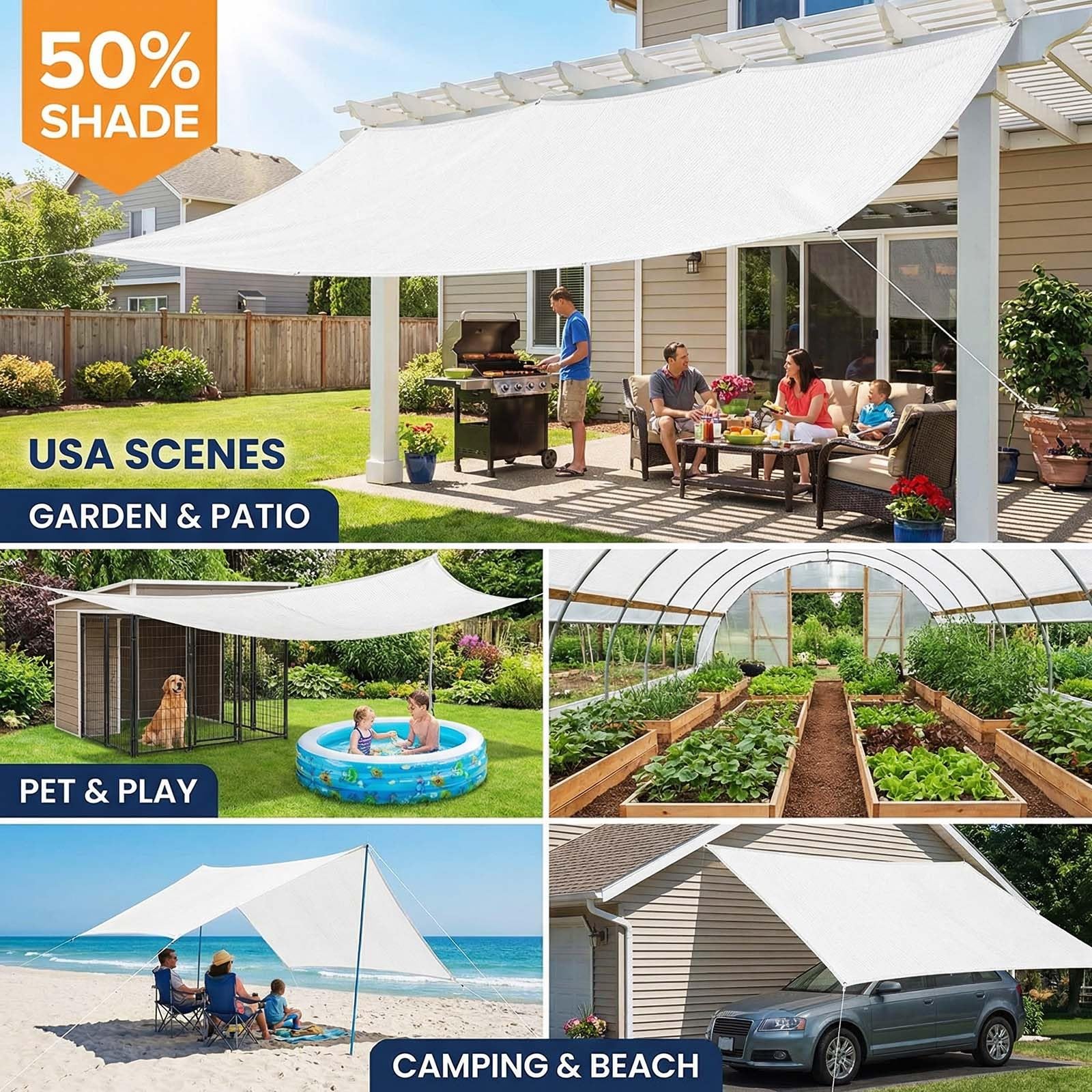 Schattierungsnetz Weiß 50% Schattenrate, UV-Beständiges Schattiernetz mit Ösen, Atmungsaktives Sonnensegel zur Temperaturregelung für Gewächshaus, Pergola, Garten und Hühnerstall(5 * 10m)