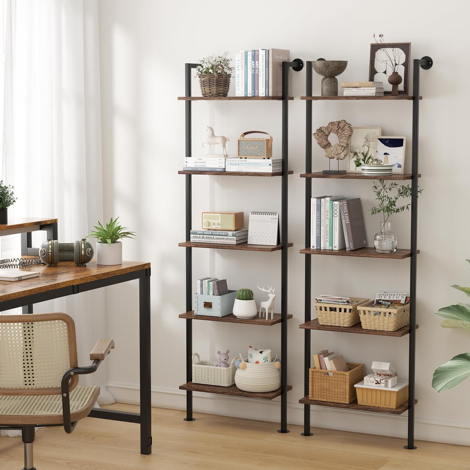 Acovy 5-Tier Bookshelf - Solid Wood Narrow Ladder Shelf Set of 2, Wall Mount Bookcase for Living Room, Bedroom - Industrial Style, Dark Brown