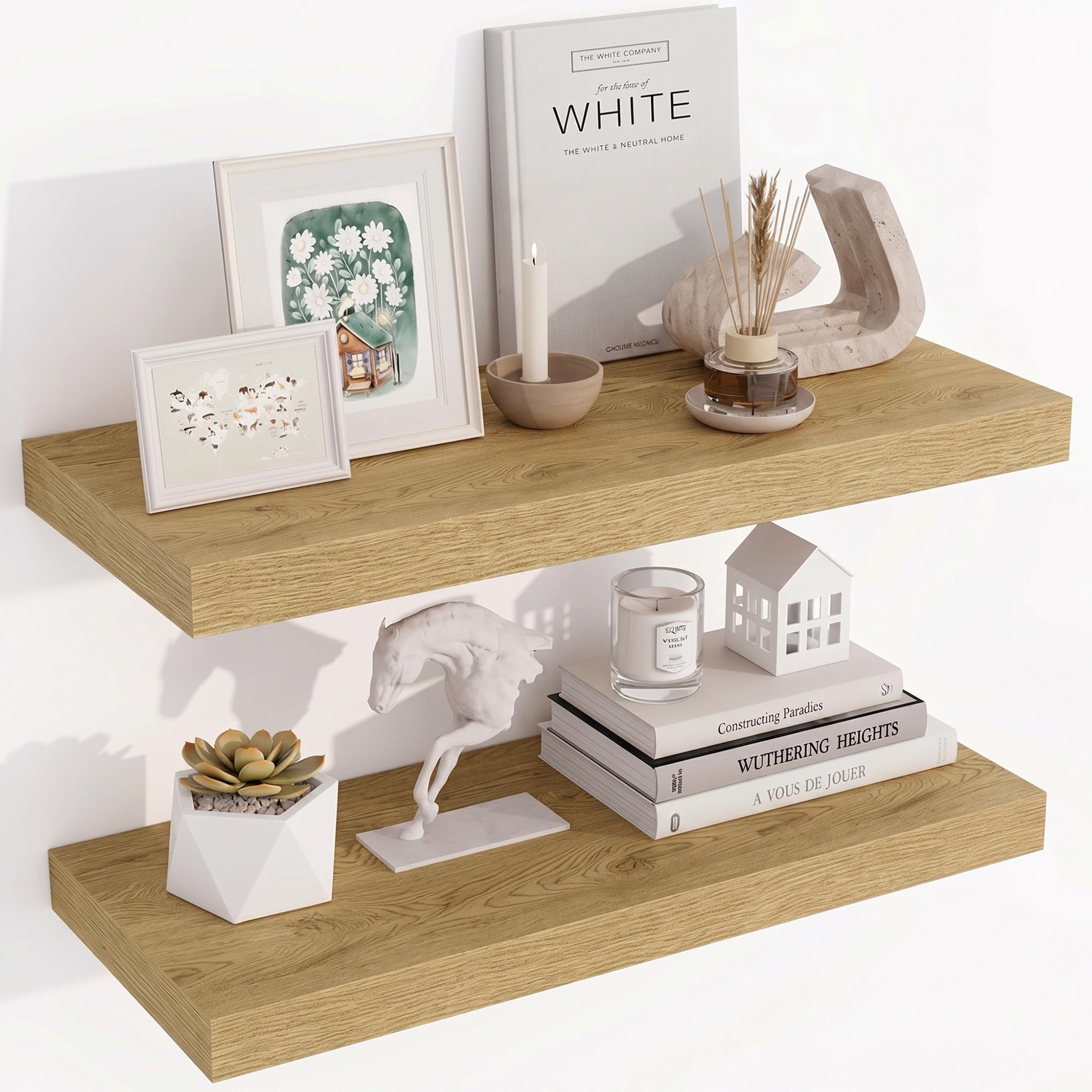 Acovy Floating Shelves for Wall, 23.5cm Extra Deep 60cm Long Wooden Wall Mounted Shelf, Wall Shelves for Living Room Bathroom Bedroom Kitchen, Oak, Set of 2