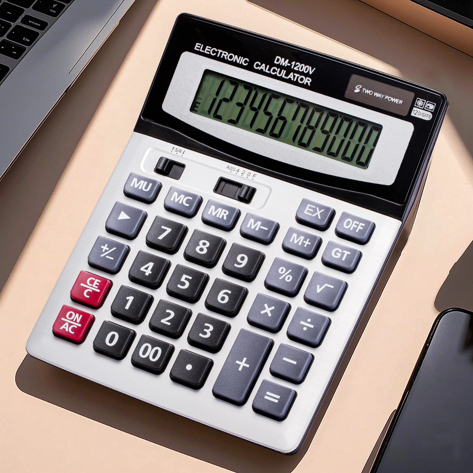 Calculadora de sobremesa de 12 dígitos con gran pantalla LCD y tecla sensible, energía solar dual y batería, función estándar para oficina (YE1200v)
