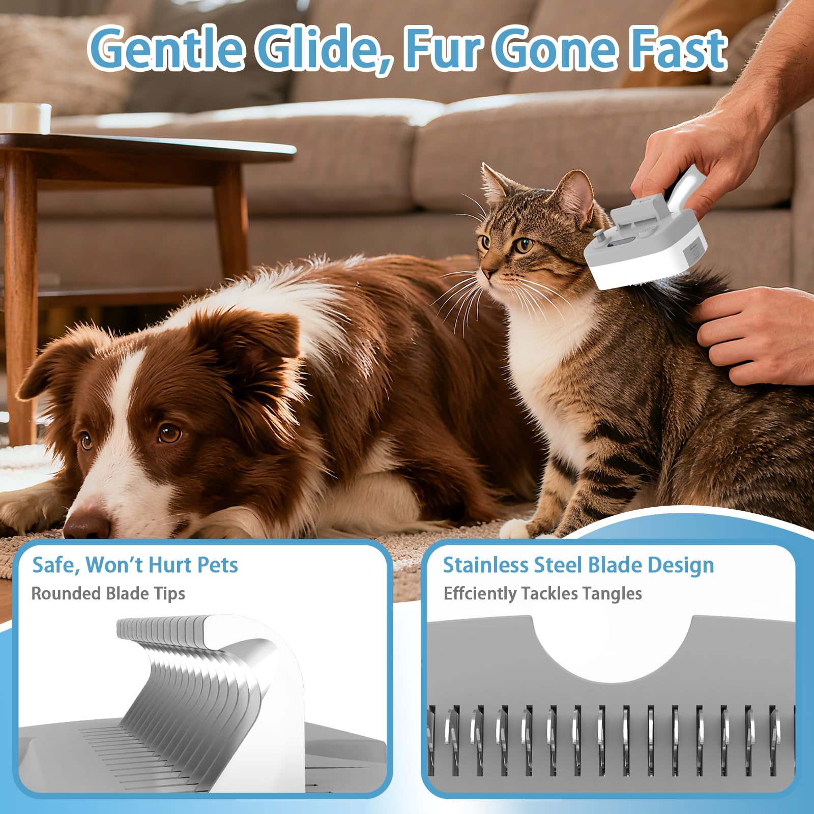 Spazzola a vapore 5 in 1 per cani e gatti, autopulente, 3 spazzole per animali domestici, per levigare, sfoltire, spargere, toelettatura e depilazione, include shampoo e custodia (18,5 cm)