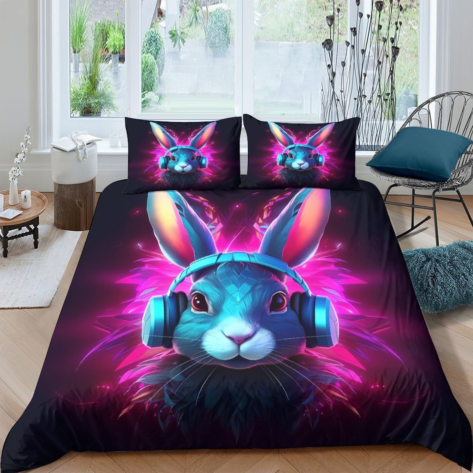Ctjqhvkz Style-8 3D Printed Neon Rabbit Fitted Sheet Microfiber Anti-Slip Vibrant Headphones Bed Cover For Bedroom Dorm Mattress Protection Single（135X200cm）