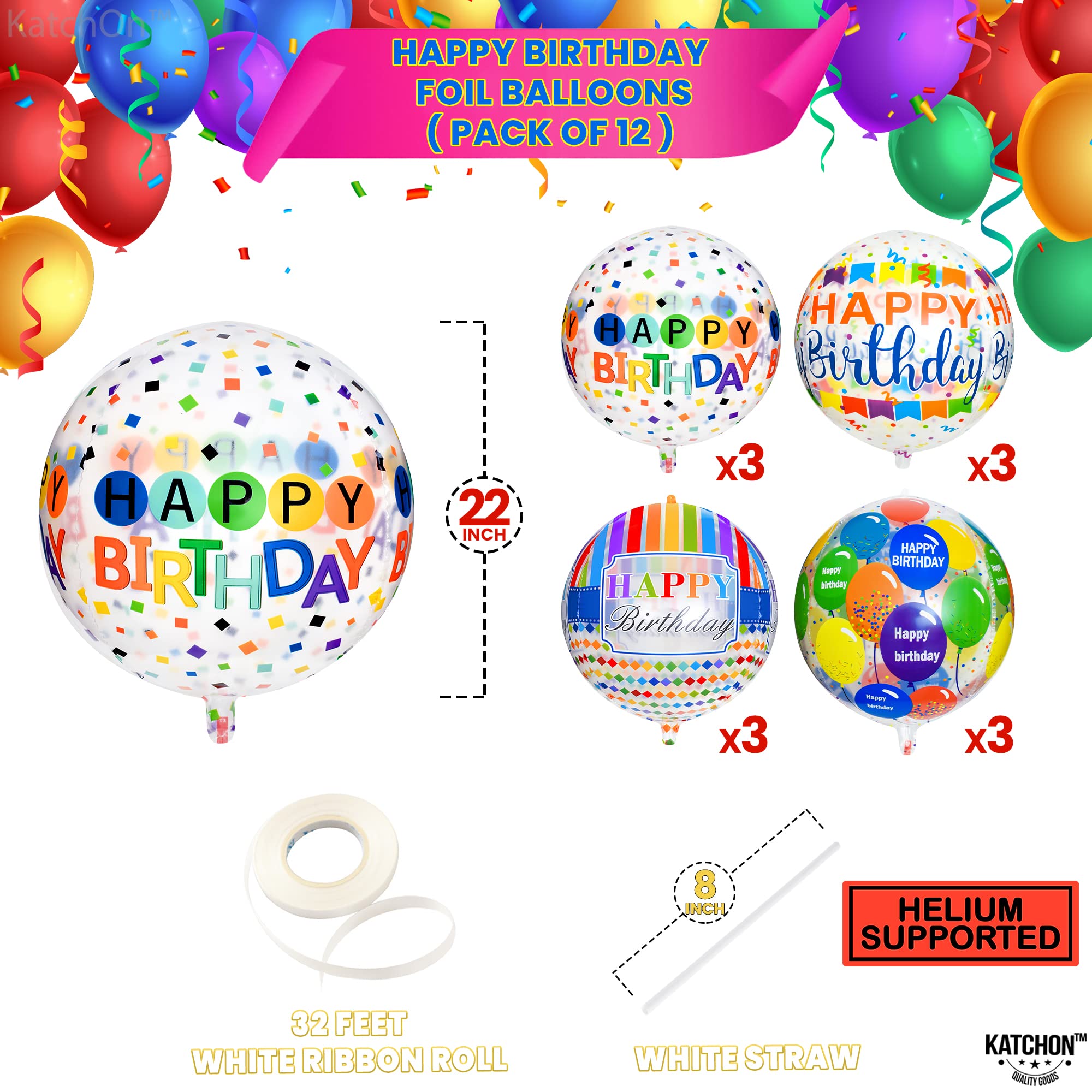 KatchOn Rainbow Happy Birthday Balloons - Pack Of 12 Helium-Supported 22-Inch Foil Mylar Balloons