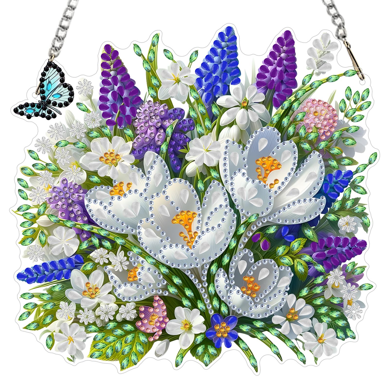 MXJSUA White Crocuses Flowers Diamond Painting Art Window Suncatchers, Diamond Art Kits for Adults Hanging Ornaments with Chain, Special Shape Crystal Diamond Pendant Accessories for Decor Gift