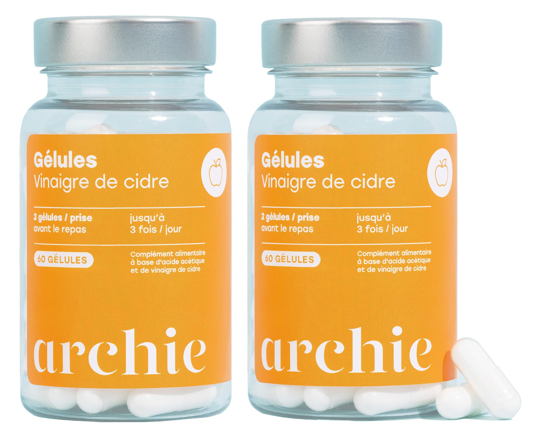 Archie, Pack Gélules Vinaigre de Cidre Biologique, avec Acide Acétique - Naturel, vegan, sans gluten, sans sucre. Cure de 2 mois. 120 capsules. Made in France.