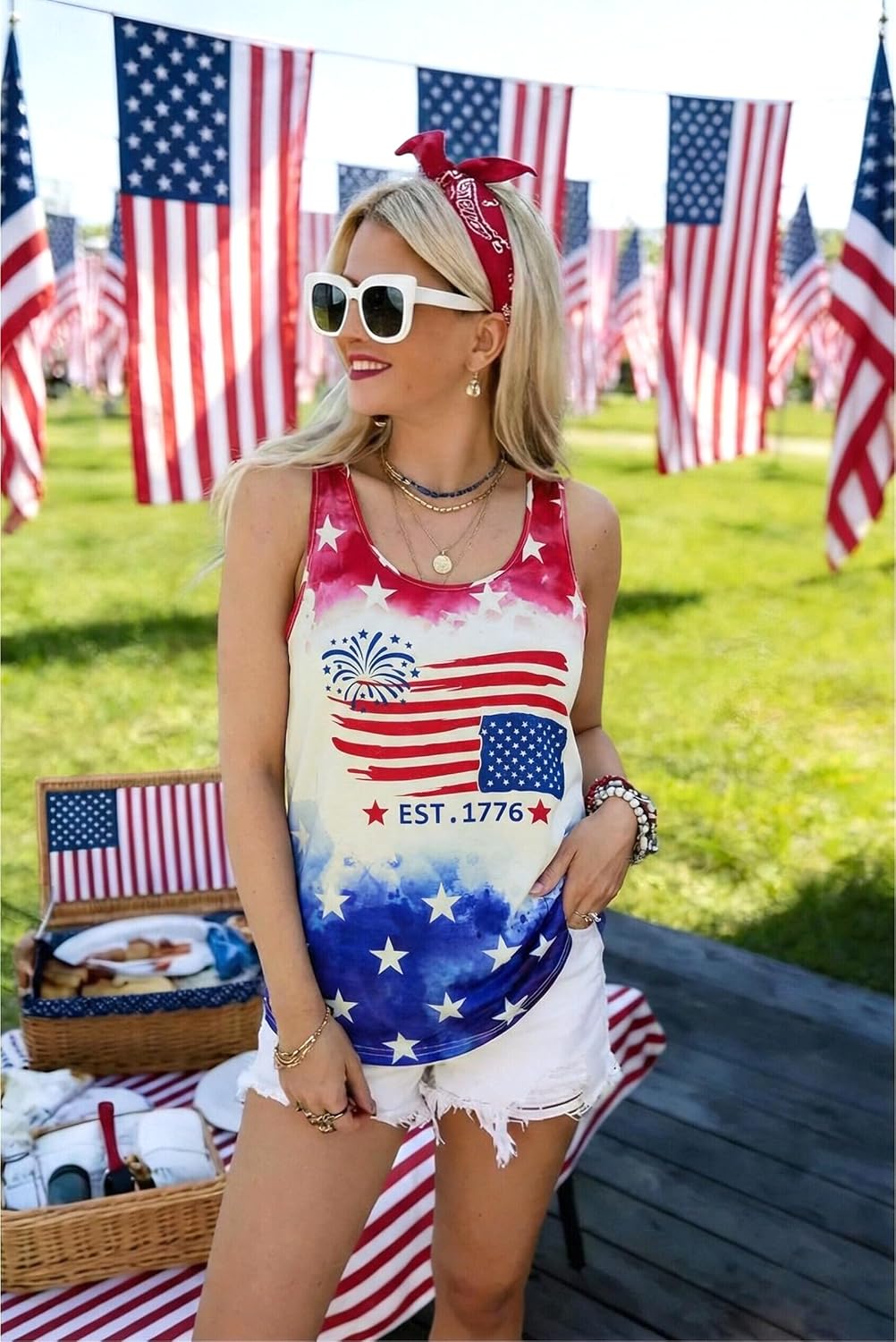 American Flag Tank Tops Women : Wine Glass Graphic Tees 4th of July Tops Patriotic Shirts Firework Tank Tops