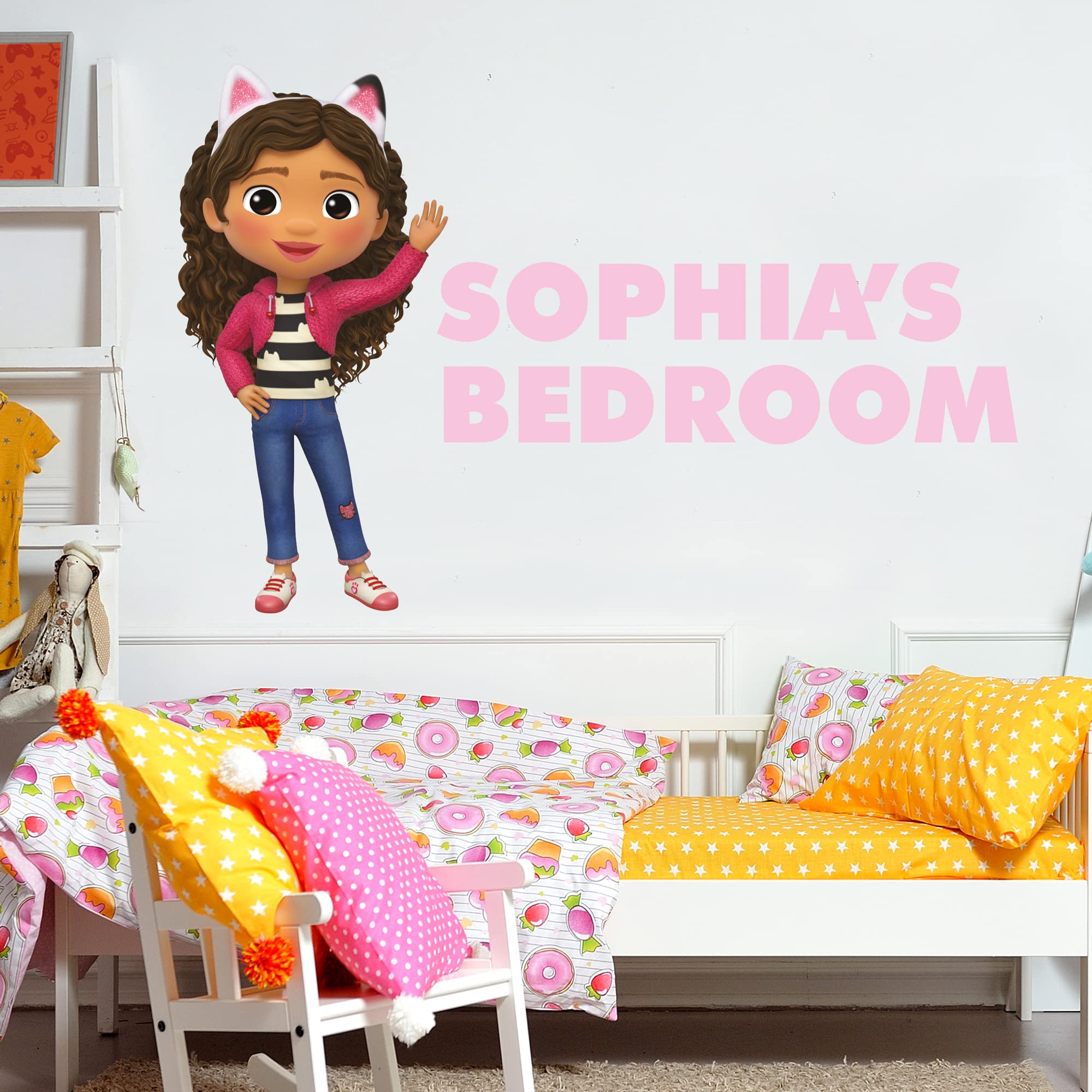 Themed Gabby's Dollhouse Wall Sticker - Gabby Waving Personalised Name Wall Art Kids Decal (120cm height x 100cm width)
