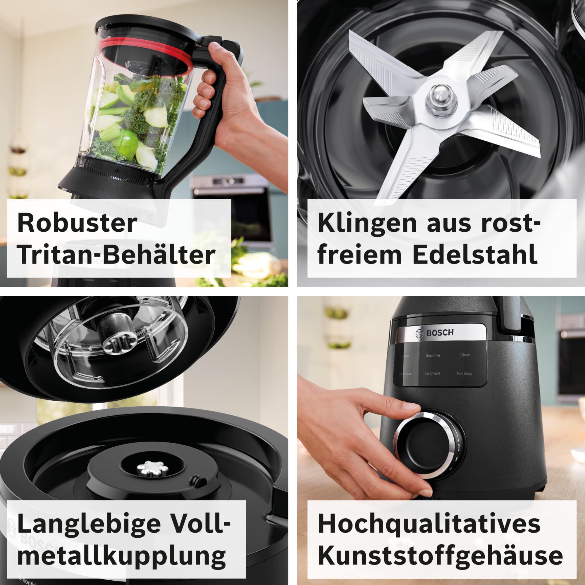 Bosch Hochleistungsmixer, Smoothie Maker, 1800W, 45.000 U-min, Programme für heiße Suppe & Reinigung, 2L, spülmaschinenfeste Teile, Made in Europe, schwarz, VitaPower Serie 6 MMB6652B
