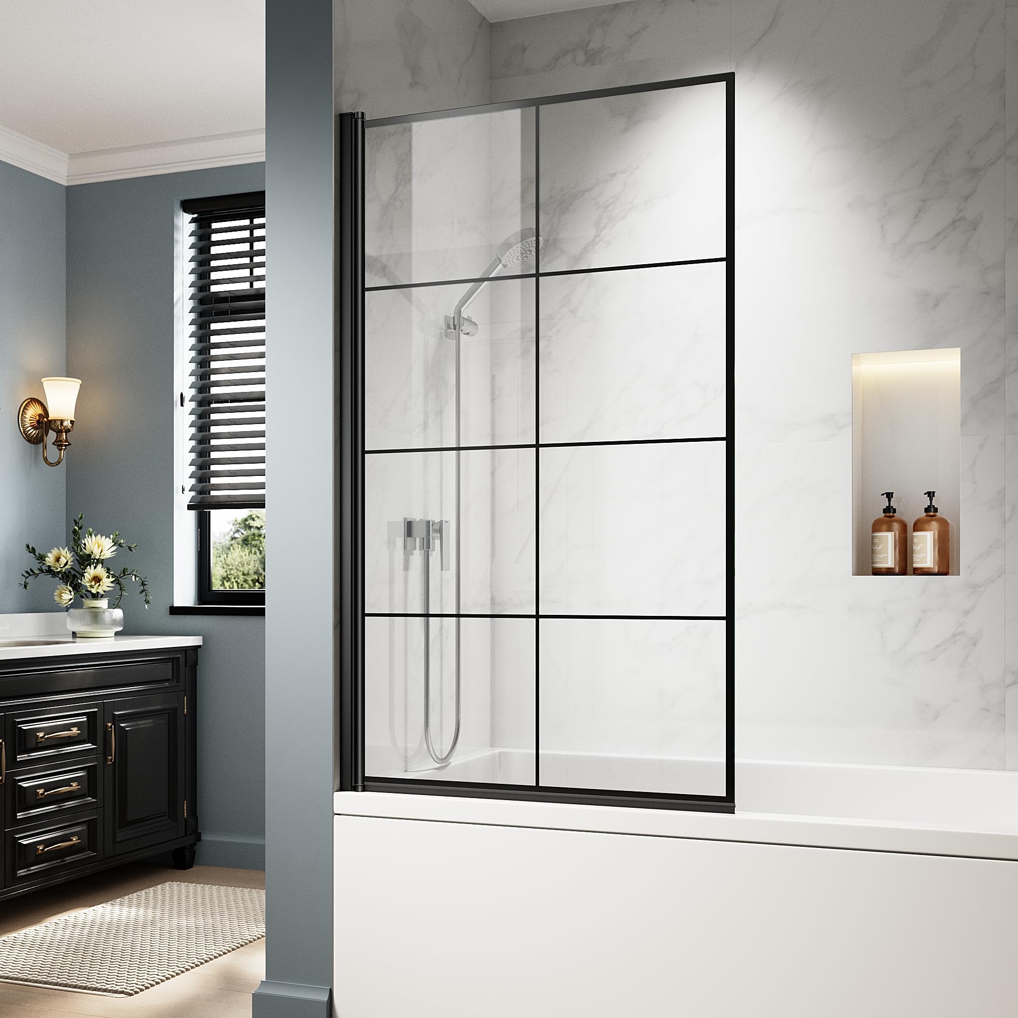 Frameless Shower Door For Bathtub 31" W X 55" H, Clear Tempered Glass Screen Towel Bar Hinged 180 Degree Pivot Brushed Gold Finish Bathroom Door - View #5