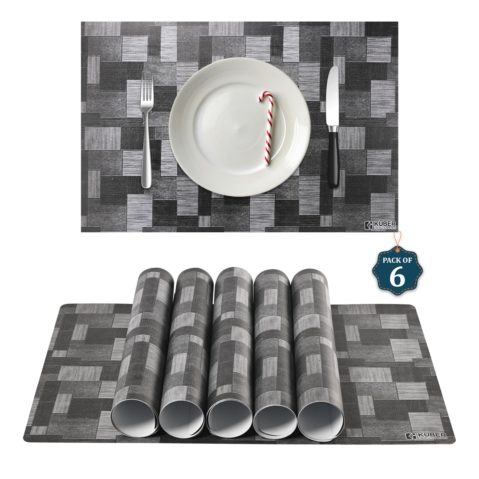 Kuber Industries 6 Pcs PVC Waterproof Placemats for Dining Table | 12x18 Inch Washable Dinner Table Mat for Spills & Stains | Placemats for Home & Outdoor | New Check- Grey-picture-19