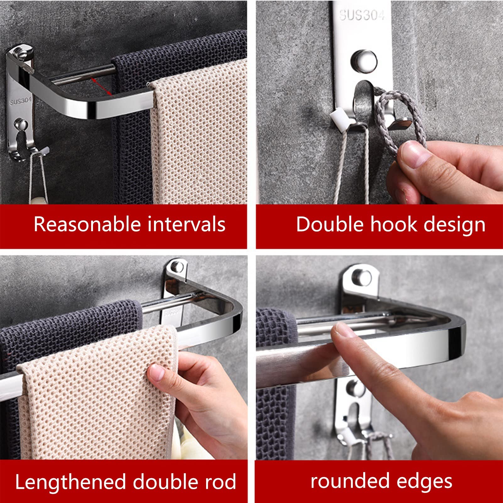 Toalla de 30 cm / 40 cm Medina de Pared montada con Ganchos de Pared, Soporte de Toalla de Mano con Acero Inoxidable Impermeable de Barra Doble, Estante de Toalla de Percha en el baño/Cocina