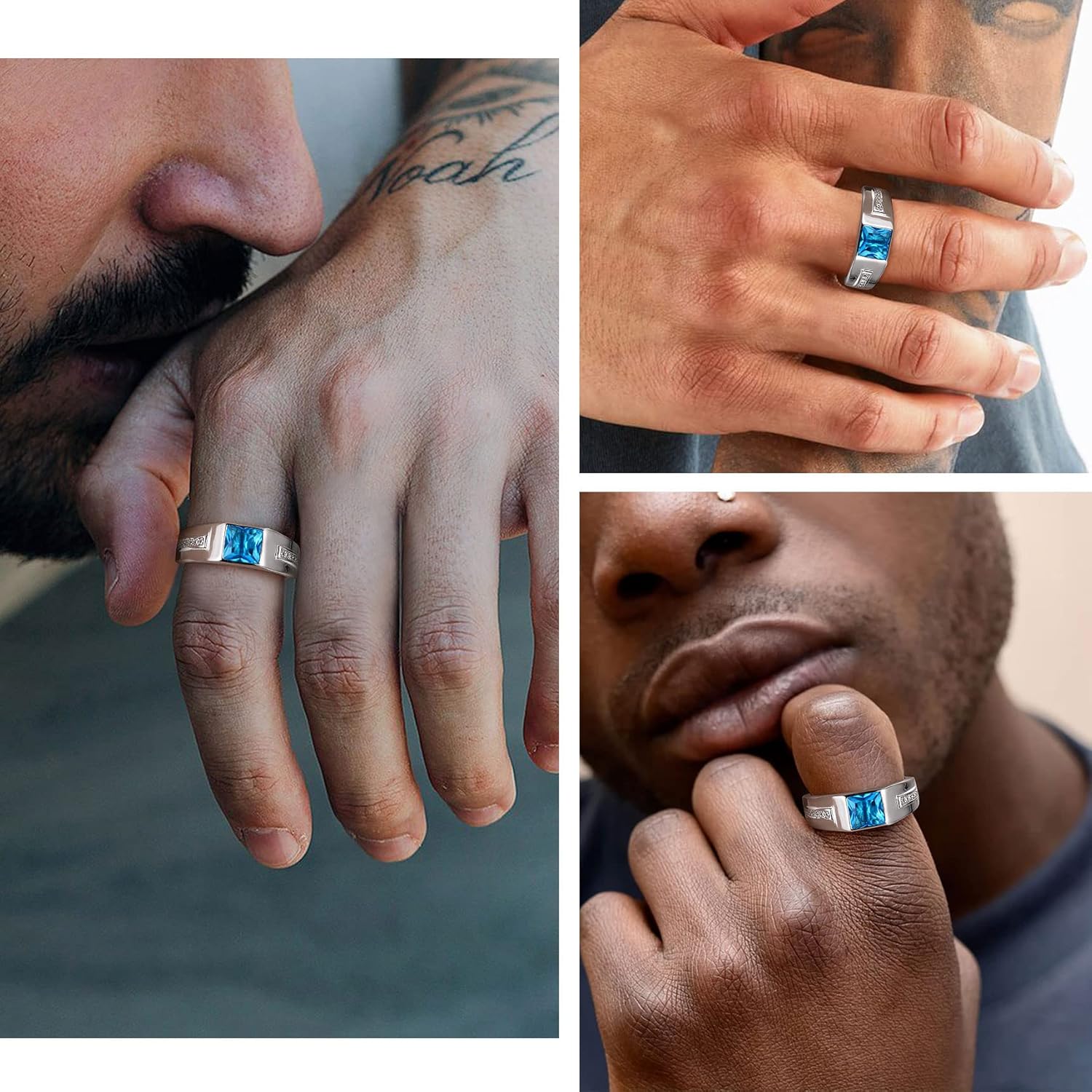 Bestyle Sterling Silver Men Ring, Black/Blue Gemstone Band Ring, Valentine's Day Gift for Dad/Husband, Size 6-13 - Image 3