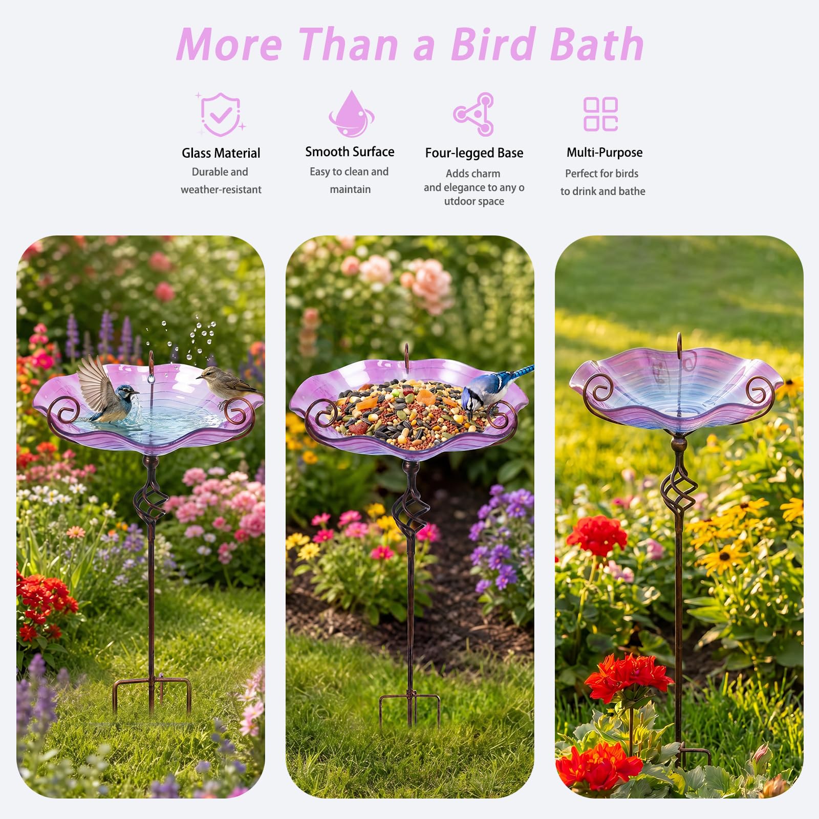 MUMTOP Bañeras de cristal para pájaros de 31 pulgadas de altura, comedero para pájaros al aire libre con estaca de metal, jardín y patio exterior, color morado