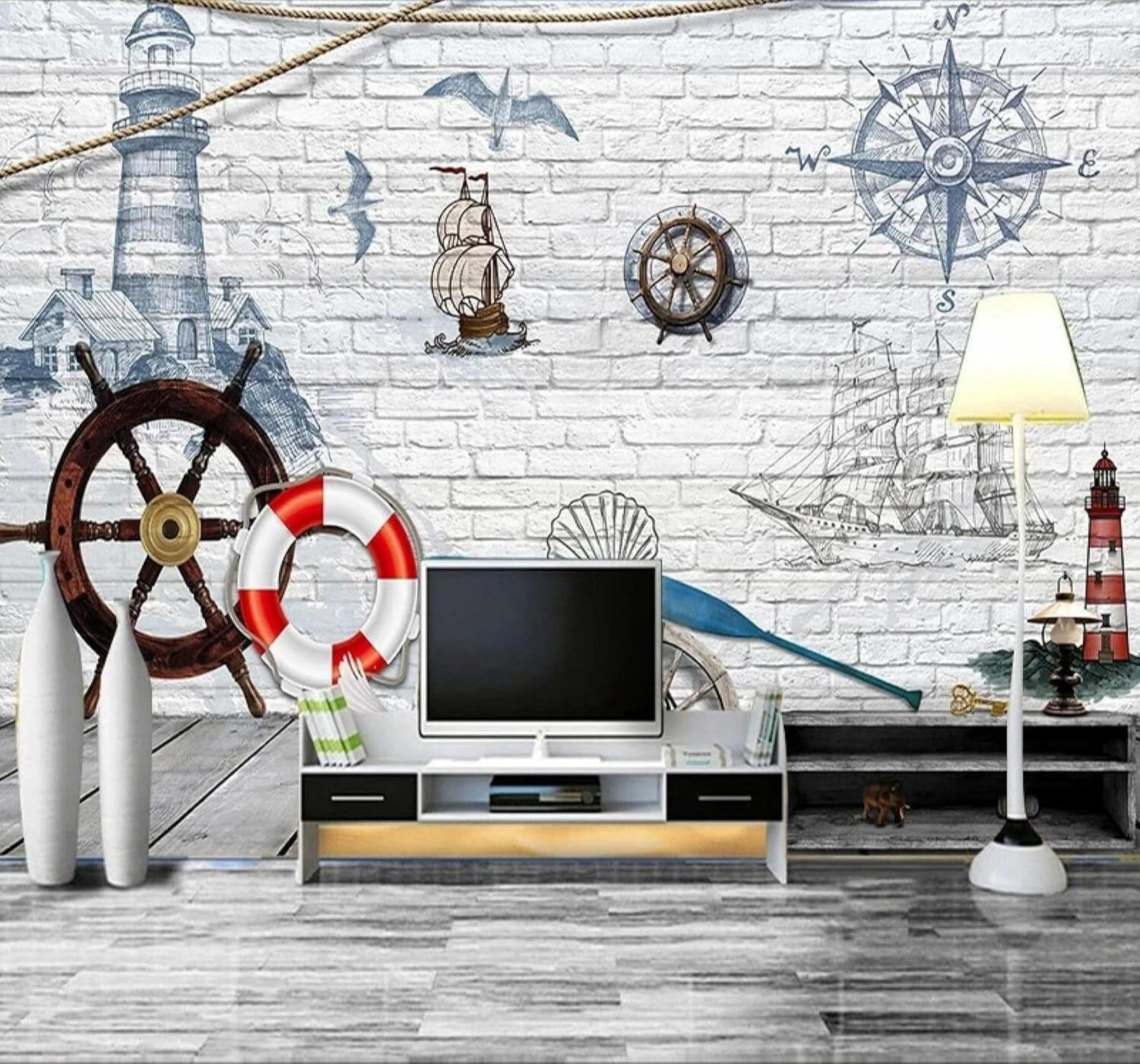 XLMING Retro Brick Wall Hand Drawn Lighthouse Sailing Ship 3D Wallpaper Silky Texture Home Study Office Grey Dining Room Sofa Bedroom Living Room TV Backdrop-400cm×280cm