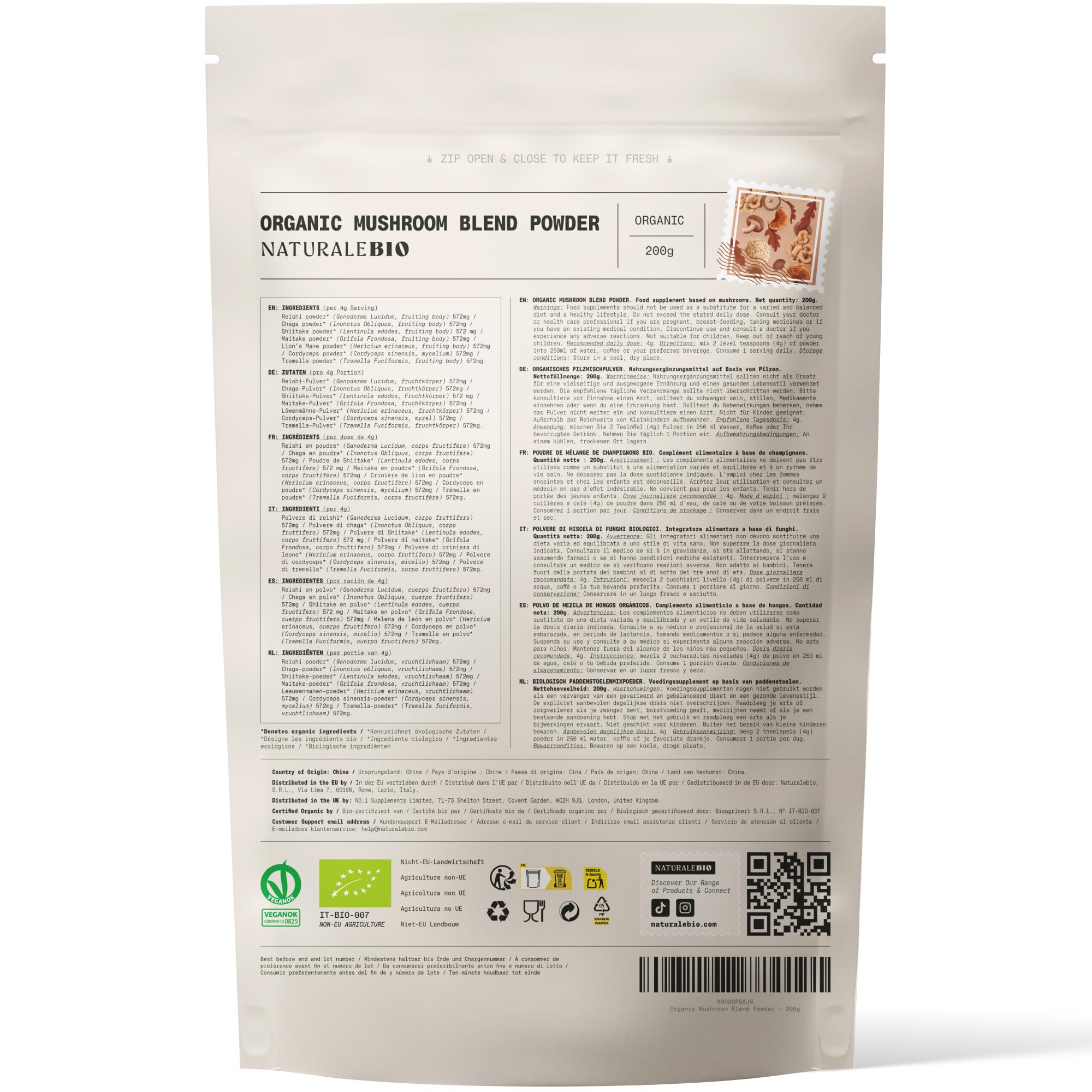 NaturaleBio Miscela di funghi in polvere 200g. Aumenta l'energia, favorisce la concentrazione, supporta l'intestino e il sistema immunitario. Bio, vegano, senza glutine e non OGM. Facile da consumare.