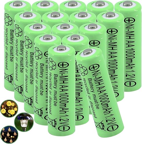 Paquete de 16 baterías recargables NiMH AA de 1.2 V NiMH de 1000 mAh de alta capacidad, baterías precargadas, doble A para luces solares de jardín,