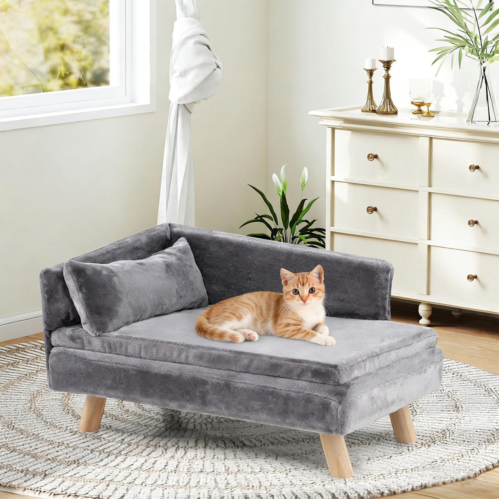 GYMAX Hundesofa erhöht, Katzensofa mit Rückenlehne, Kiefernholzbeinen & abnehmbaren Kissen, Haustiersofa für mittlere Hunde unter 50 kg, Hundebett, Hundecouch, 81 x 51 x 47 cm (Grau)