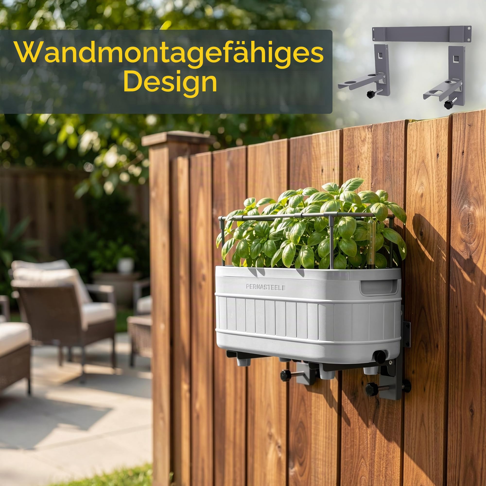 Permasteel Kräutergarten mit Rankhilfe und Bewässerungssystem - Pflanztöpfe mit Wasserspeicher für Fensterbank, Küche oder Balkon - 45 cm - Kräutertopf Selbstbewässernd inkl Wandhalterung - Weiss