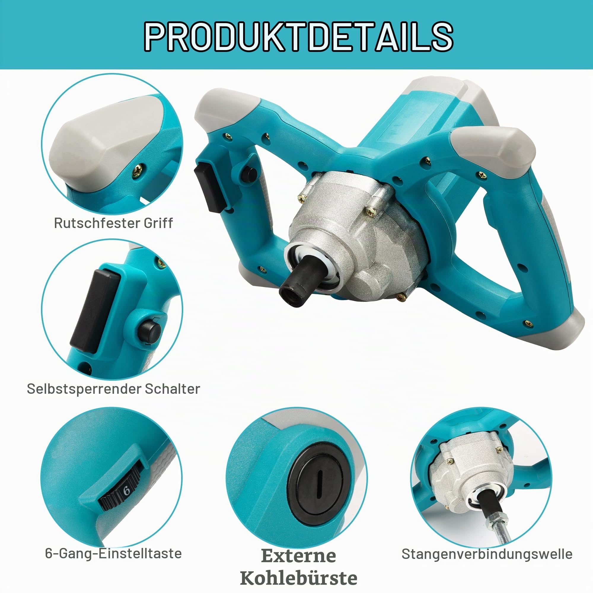 Elektrischer Hand-Zementmischer, 2600 W elektrischer Betonmischer mit 6 Geschwindigkeiten, 220 V Hand-Schlammmischer für Motar, Farbe, Fugenmörtel, Gips, Dünnbettmischer, Futterrührwerkzeug