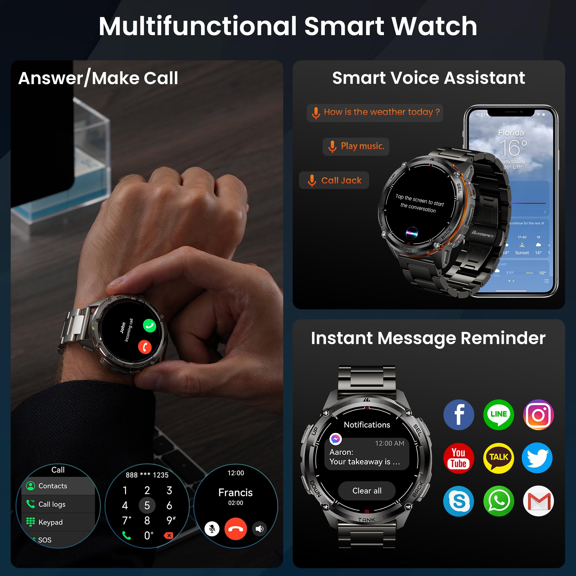 KOSPET Tank T3 Ultra 2 Smartwatch Uomo, GPS, Display AMOLED 1,43", Autonomia 18 giorni, Resistenza Acqua 5ATM, Monitoraggio Frequenza Cardiaca e SpO2, 170+ modalità Fitness (Nero)