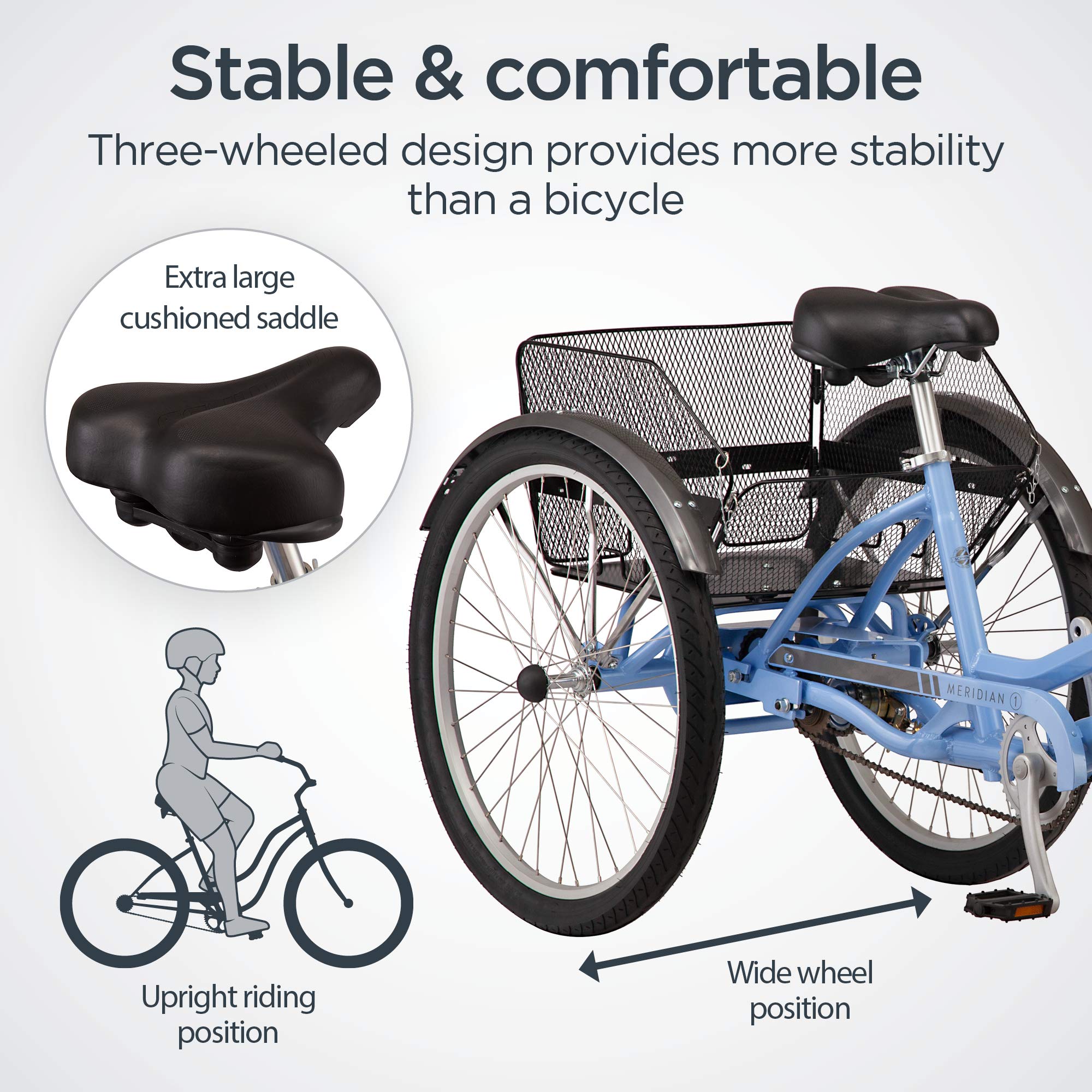 Schwinn Meridian Adult Tricycle, 24 or 26Inch Wheel Options, Low StepThrough Aluminum Frame