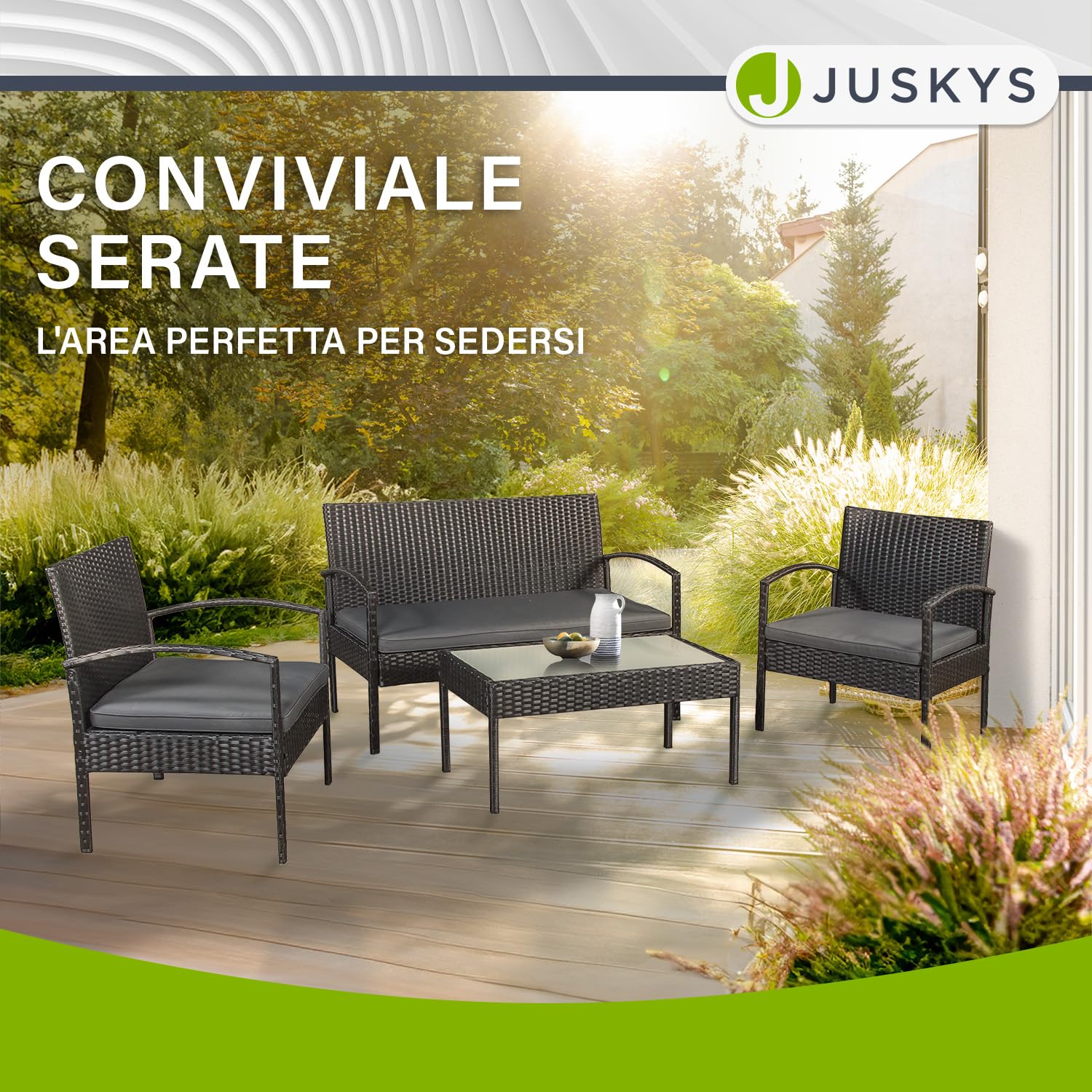 Juskys Set di mobili da giardino in polyrattan Trinidad con tavolo, divano e 2 sedie - 4 persone - Cuscini grigi - Mobili da balcone Salottino Set da balcone Giardino Balcone