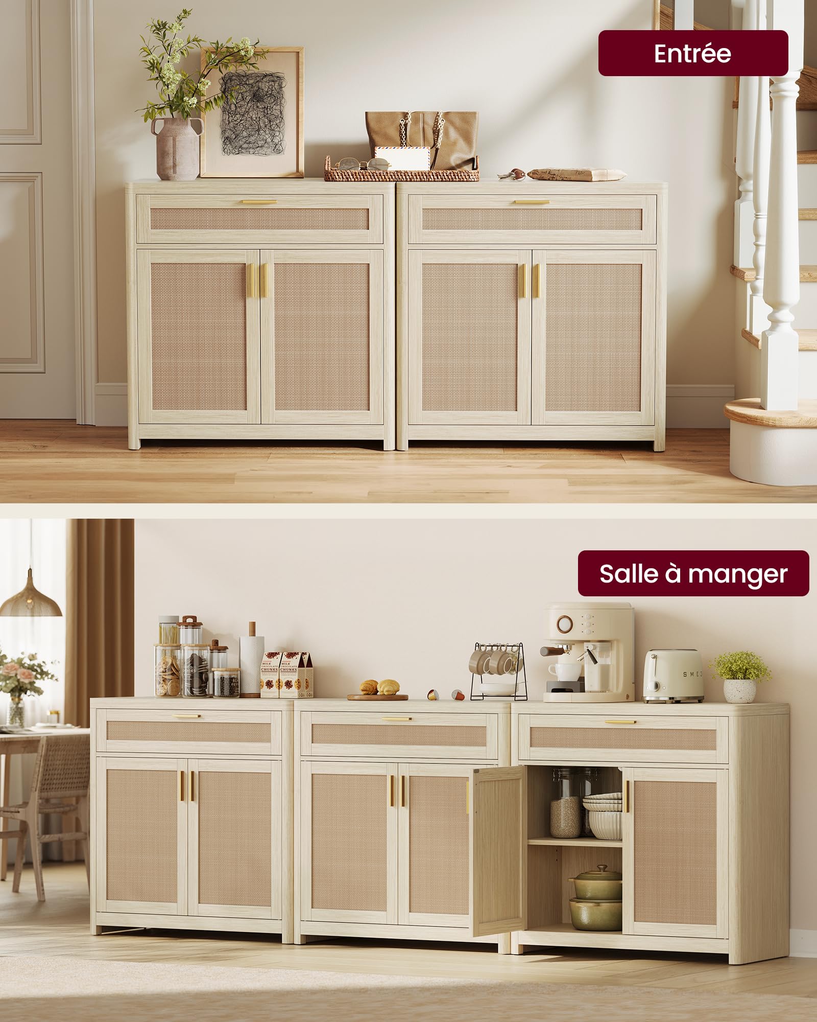 VASAGLE Collection ELLAN – Buffet de Style Bohème avec Portes Effet Cannage Rotin, Meuble de Rangement, Coins Arrondis, Étagère Réglable, Tiroir, pour Cuisine, Salle à Manger, Beige Naturel BBK601LC01