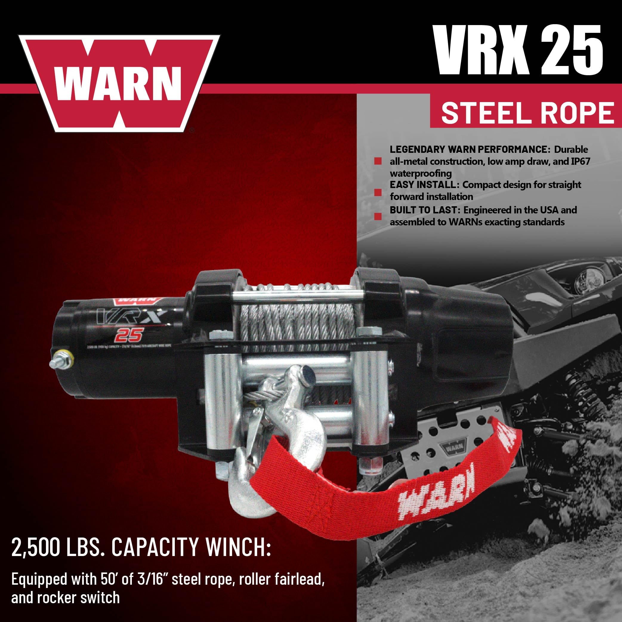 Warn Verricello VRX 25 Powersports 101025 1,25t 3/16" x 50' Cavo Acciaio