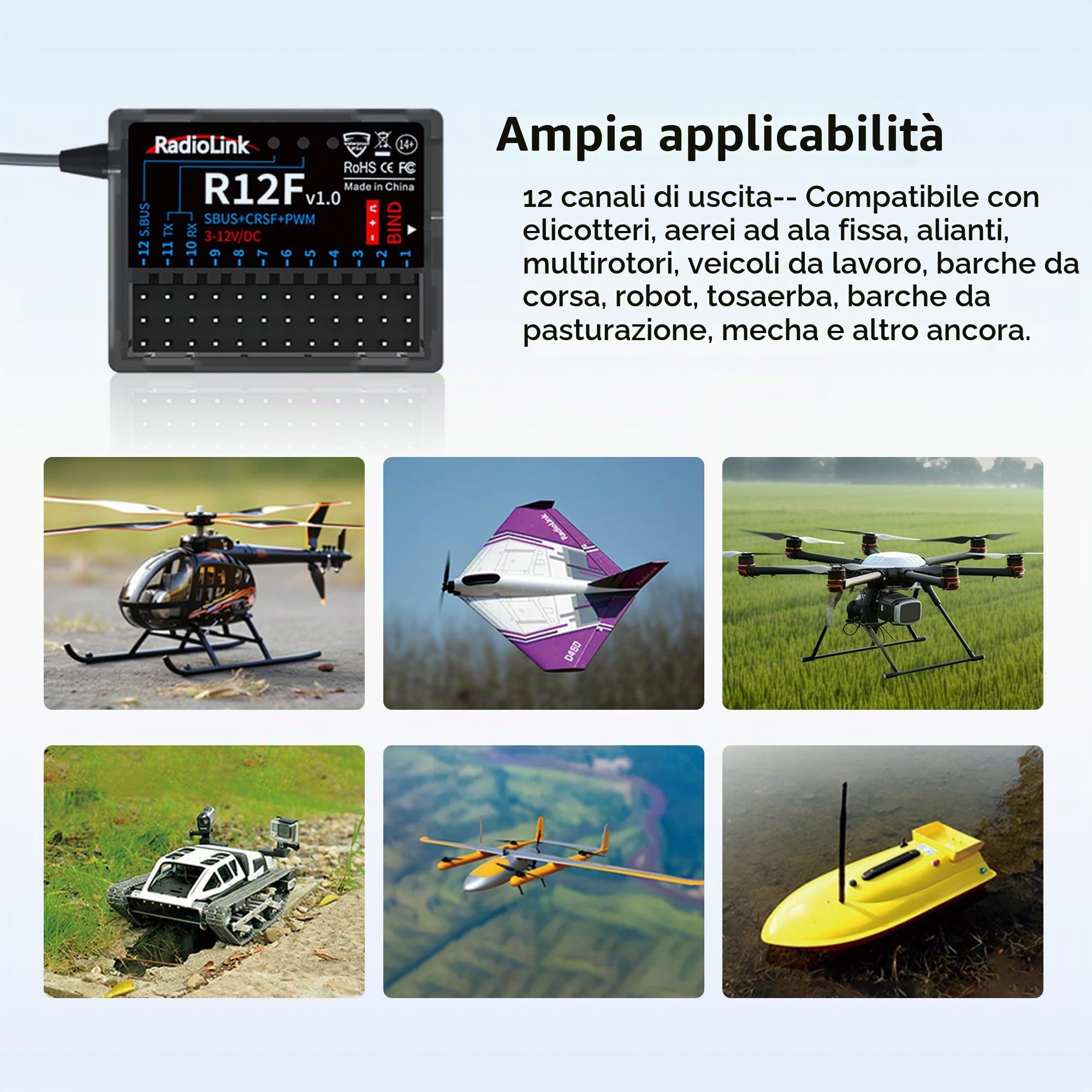 Radiolink Ricevitore RC R12F a 12 canali 2,4 GHz compatibile con trasmettitori T16D/T12D/T8FB/T8S/RC4GS V3/RC6GS V3, ideale per aerei RC, jet, auto, barche e robot
