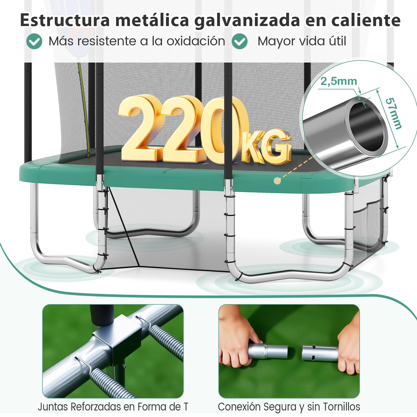 COSTWAY Cama Elastica Infantil, Trampolín Rectangular para Exteriores de 317 x 255 cm, Trampolín para Niños Multifuncional con Canasta de Baloncesto, Red de Protección para Niños Adultos
