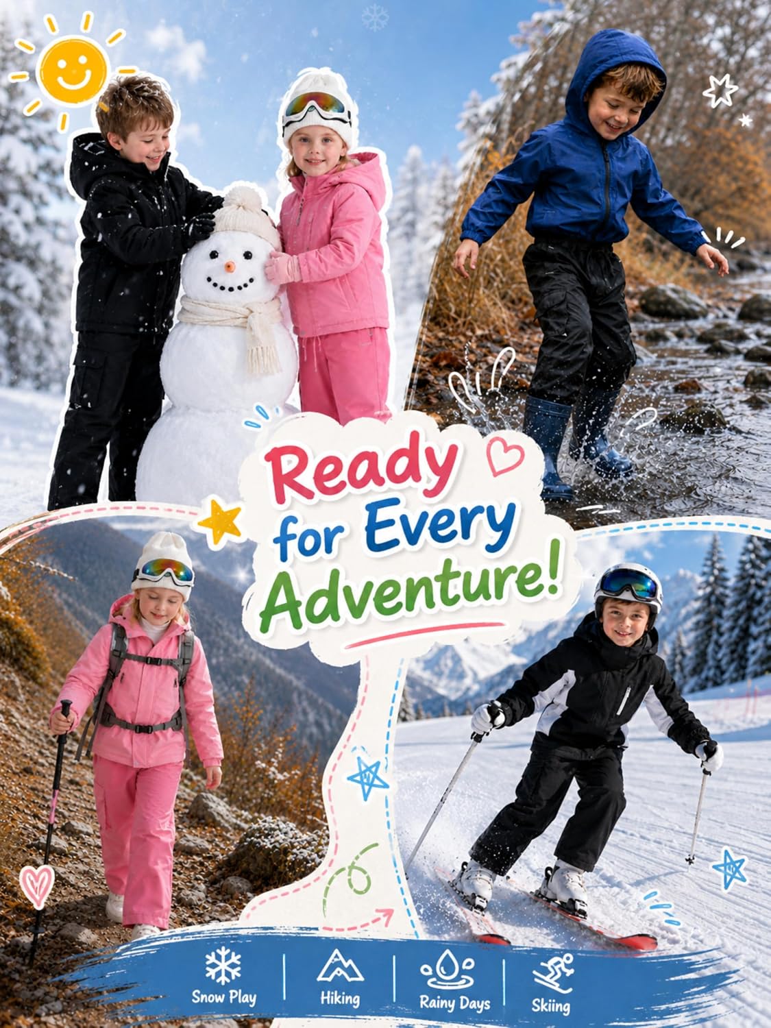 QBK Toddler to Youth Kids Waterproof Snow Pants, Fleece Lined Ski Pants