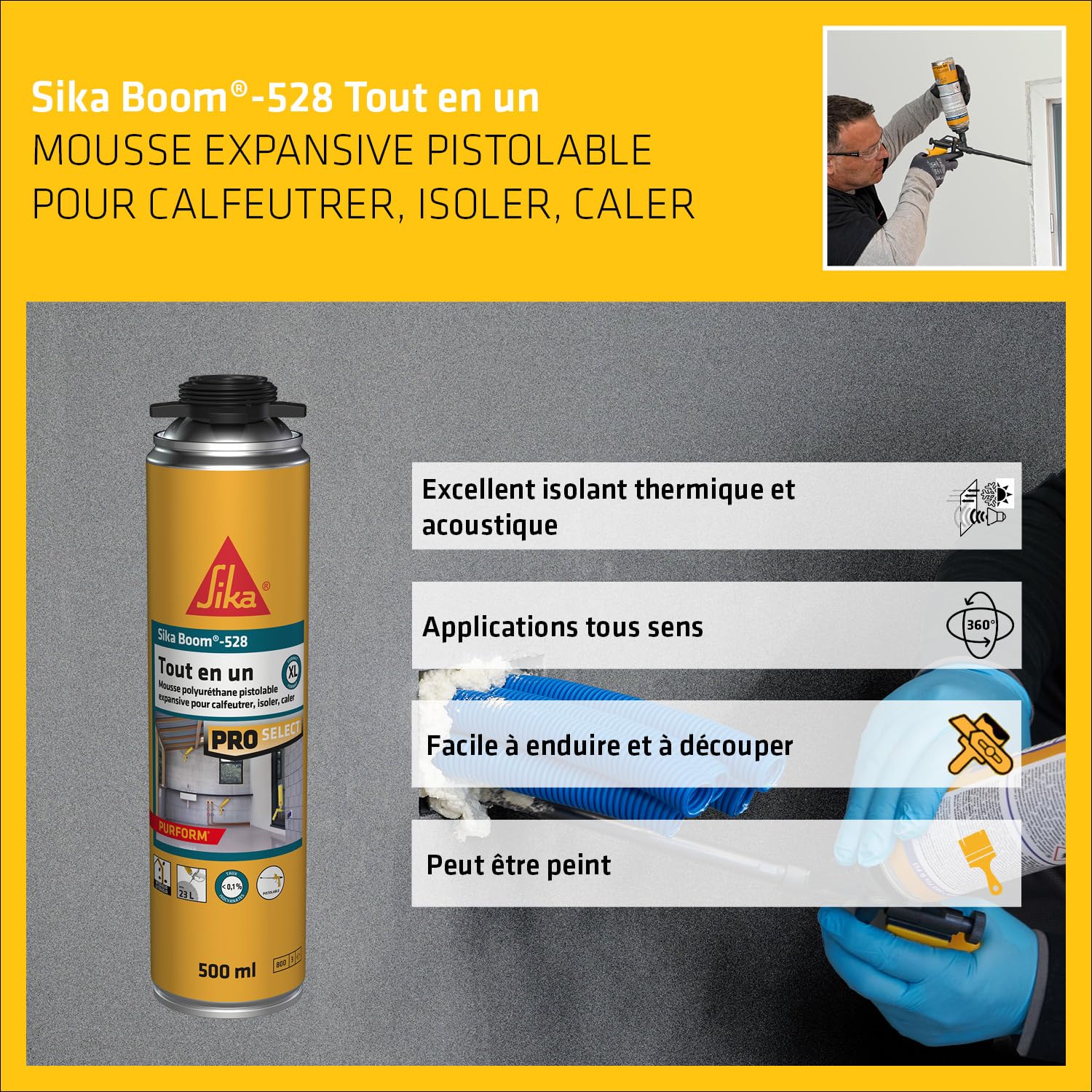 SIKA - Lot de 3 x Mousse polyuréthane Expansive Sika Boom 528, Pistolable & Réutilisable, Rendement 23L, pour jointer, calfeutrer, isoler, 500ml Blanc + Pistolet Foam Gun pour mousse expansive