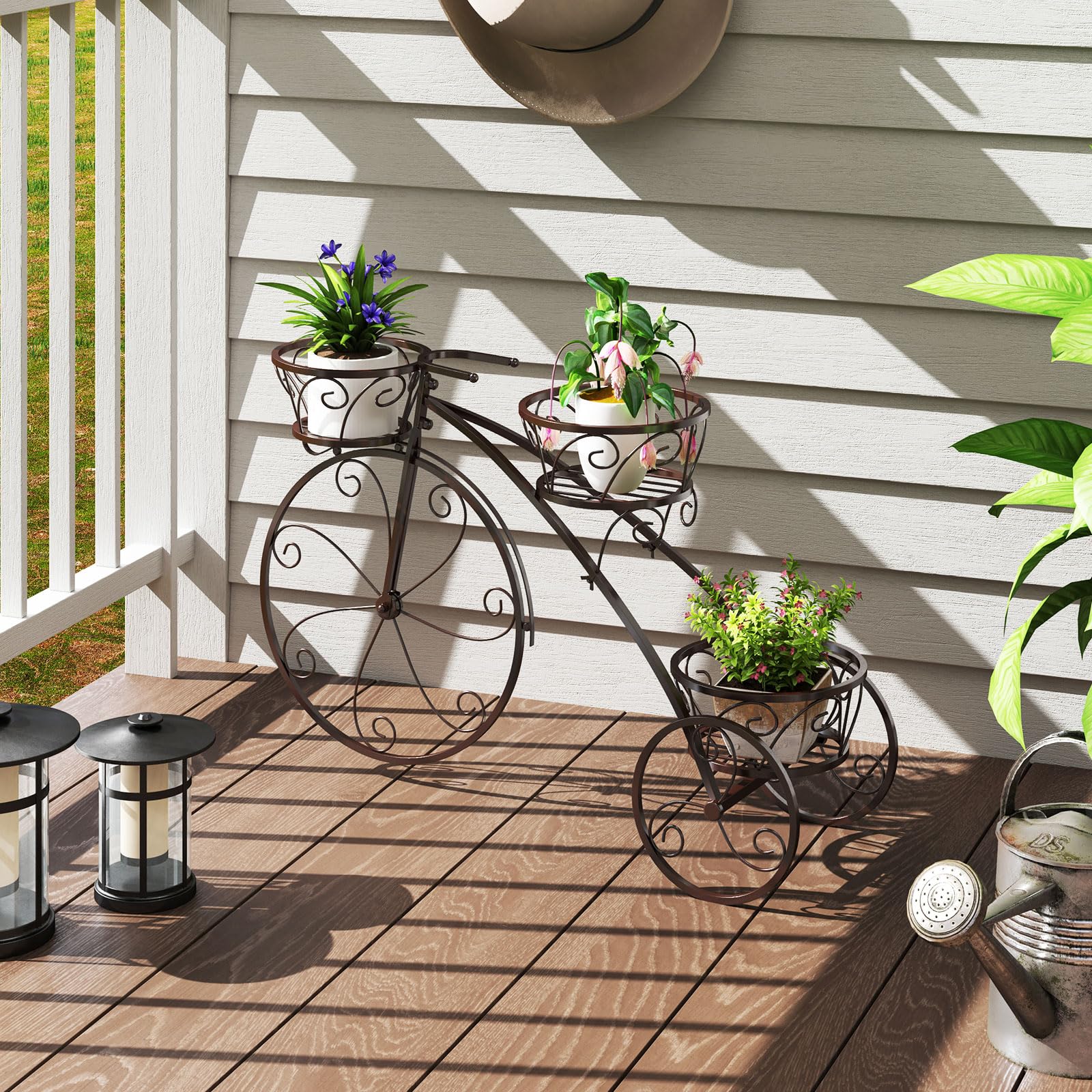 GOPLUS Pflanzenregal Fahrrad, Blumenregal mit 3 Ebenen, Blumenständer aus Metall, Pflanzenständer Blumentopfständer für Garten Balkon & Terrasse (85 x 25 x 50 cm,Bronze)