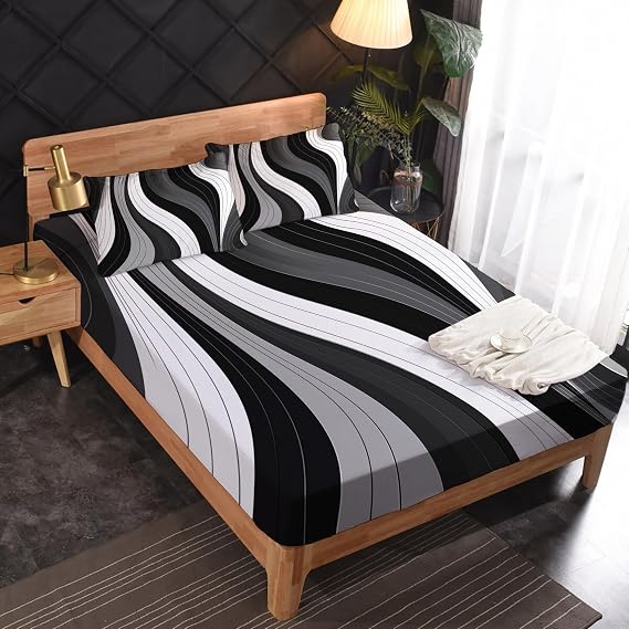 Abstract Sheets Queen Size - Black White Gray Bed Sheets, Soft Microfiber & Deep Pocket & Wrinkle Free Patterned Bedding Sheets & Pillowcases, 4 Piece ( 1 Fitted Sheet, 1 Flat Sheet, 2 Pillow Cases )