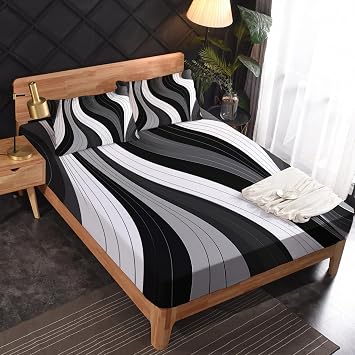 Abstract Sheets Queen Size - Black White Gray Bed Sheets, Soft Microfiber & Deep Pocket & Wrinkle Free Patterned Bedding Sheets & Pillowcases, 4 Piece ( 1 Fitted Sheet, 1 Flat Sheet, 2 Pillow Cases )