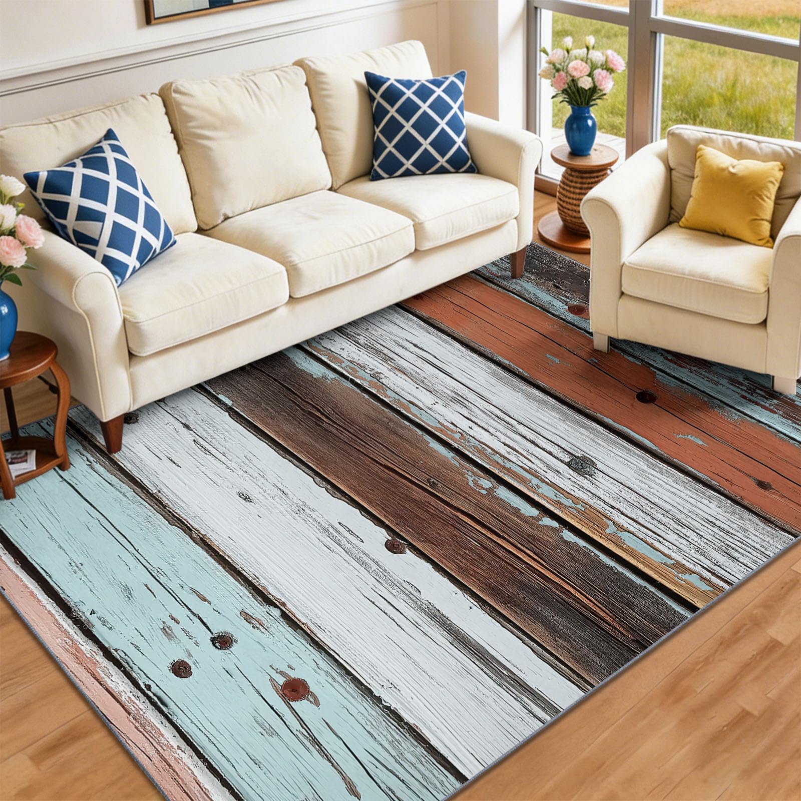 Industriell Used Look Teppich 60 x 90 cm Kurzflor Bunt Holzzaun Holzmaserung Abblätternde Farbe, Waschbar, Pflegeleicht, Extra Weich Für Wohnzimmer, Schlafzimmer, Esszimmer