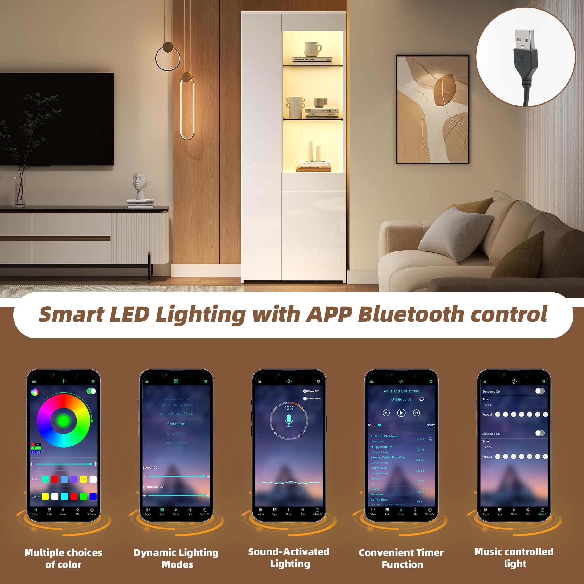 OKMYHOME Vitrina – Armario de almacenamiento con iluminación LED y 2 compartimentos – Tablero de partículas y cristal templado blanco 70 x 35 x 180 cm