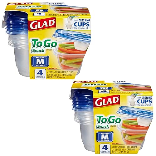 Glad GladWare To Go Snack Food Storage Containers - Medium Round - Meal Container Holds up to 24 Ounces of Food - Lock Tight Seal, 4 Count - 2 Pack - Rectangle - 24 oz - 8 Count