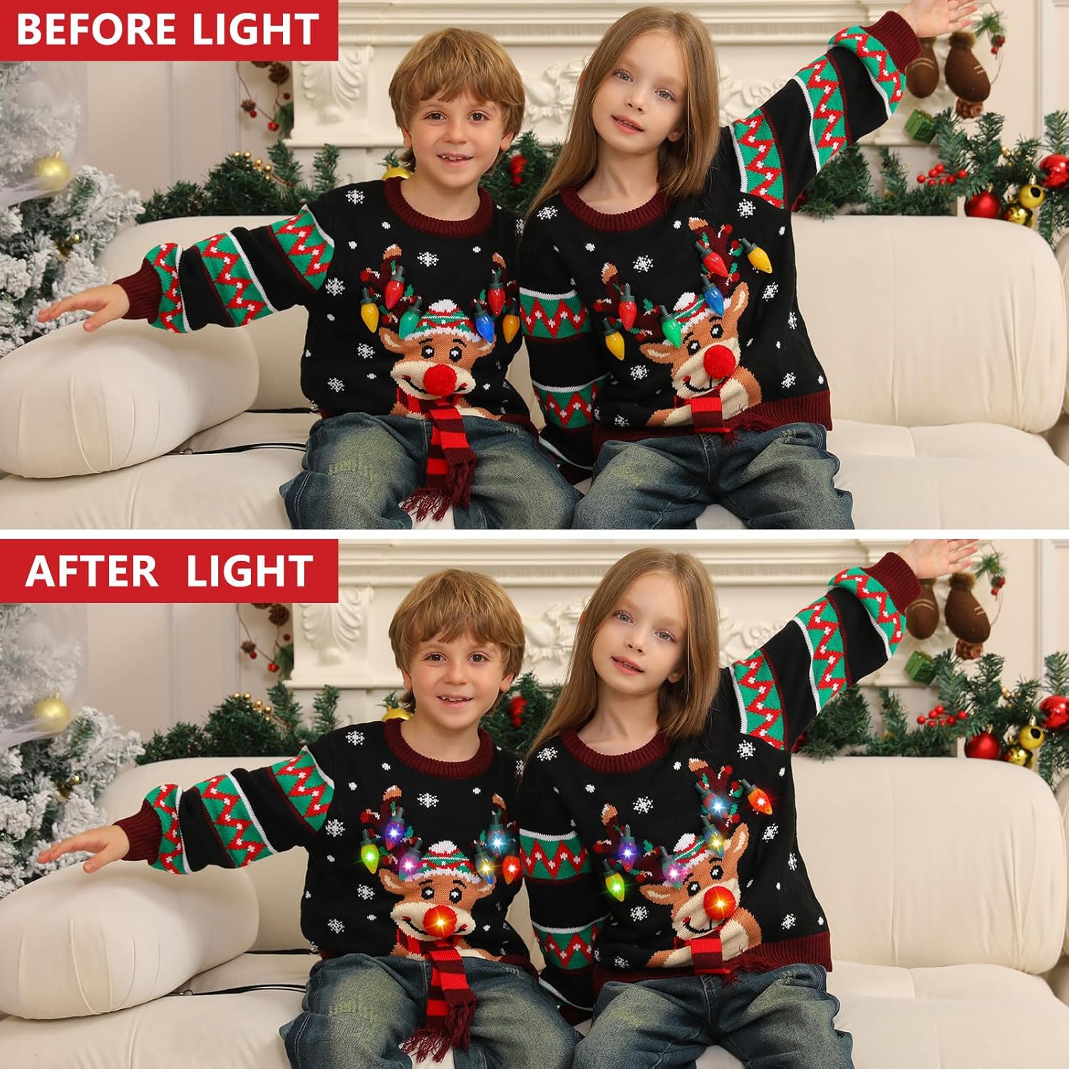 Ugly Christmas Sweater Women Men,Light Up Christmas Sweater for Couples,Funny Cute Reindeer LED Xmas Tacky Sweaters