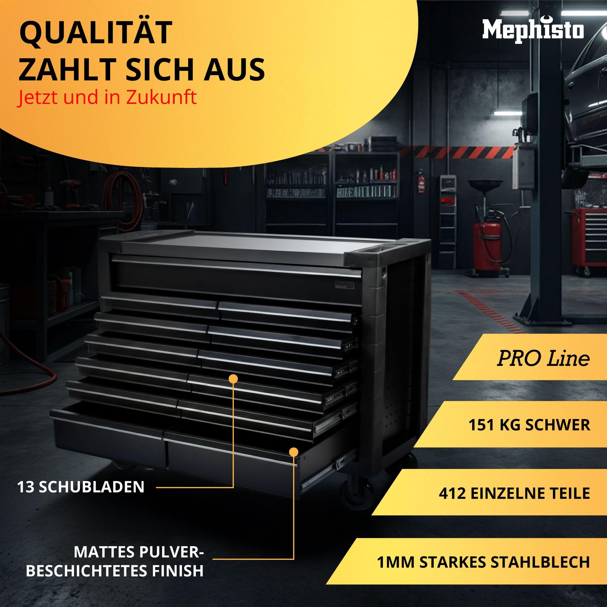 Mephisto Pro-Line Werkzeugwagen Werkstattwagen Double Full Black gefüllt mit 13 Schubfächern inkl. Werkzeug wie VDE Zangen, Steckschlüssel, Ratschen in Soft Inlays in Carbon Lock